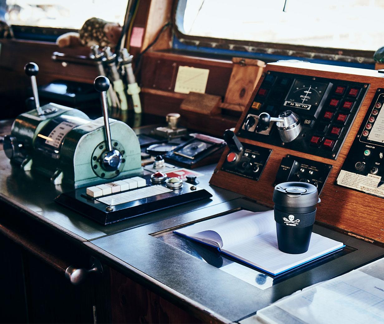 KeepCup Original sitting in the helm of a Sea Shepherd ship