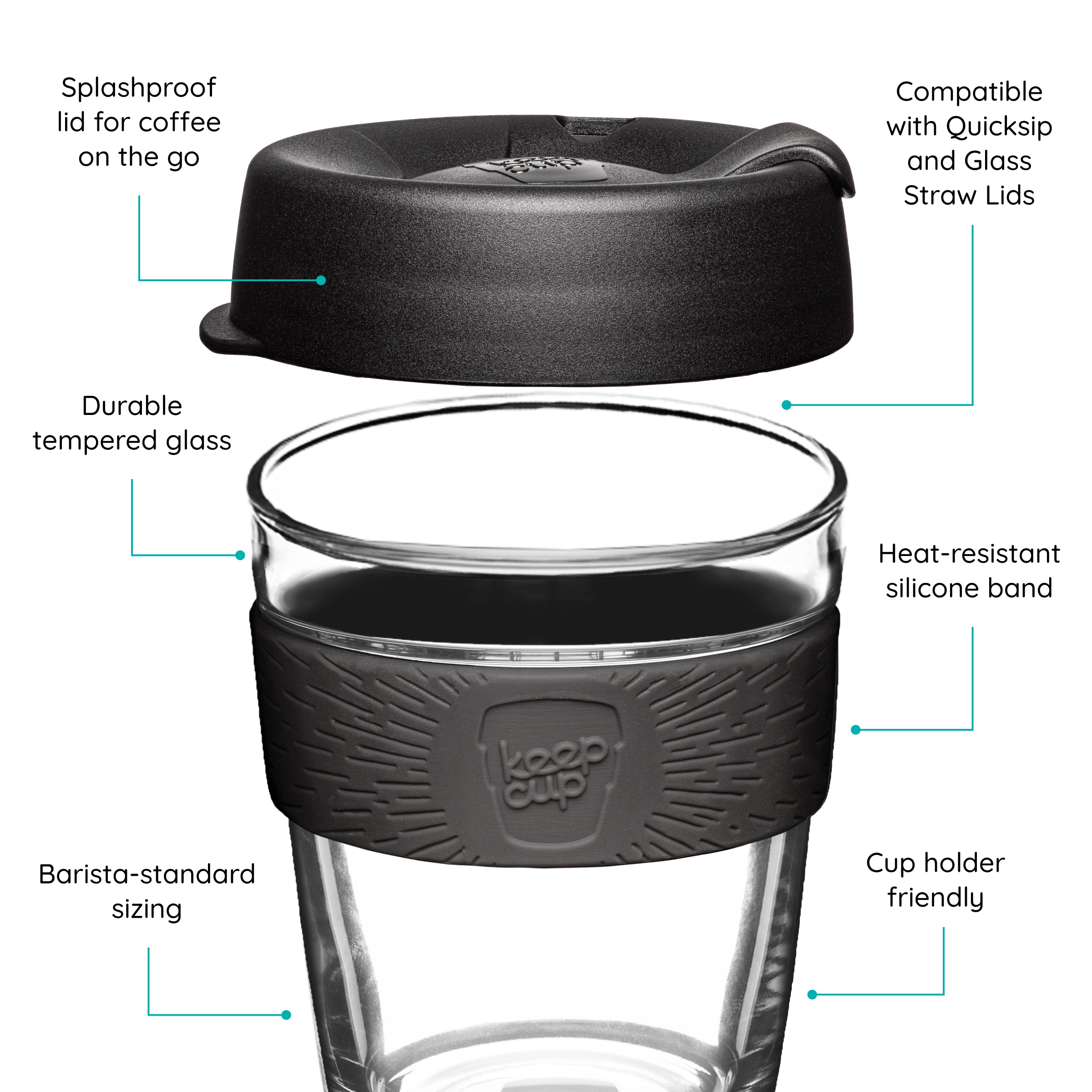 KeepCup Reusable coffee cup with black lid and band, featuring text on a white background