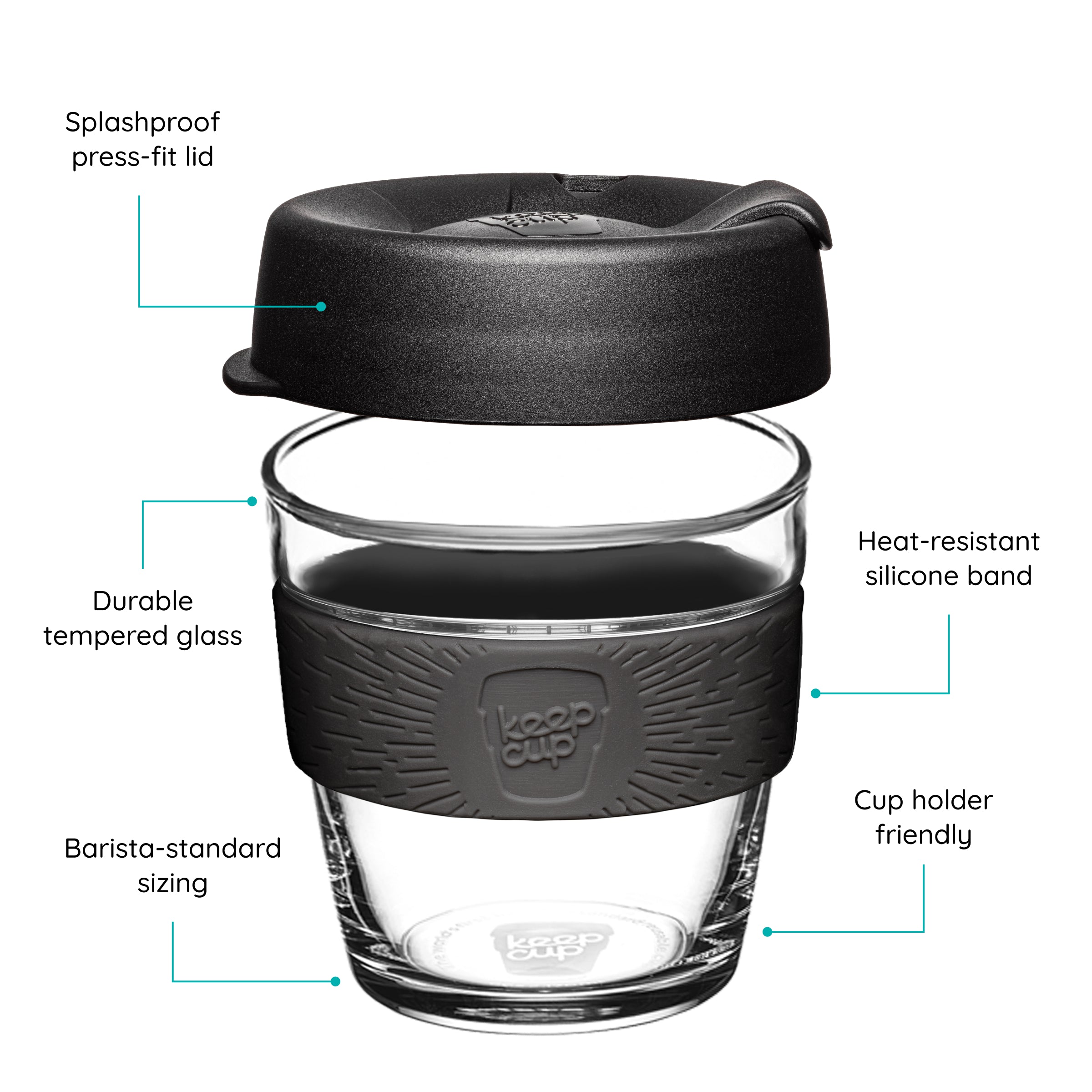 KeepCup Reusable coffee cup with black lid and band, featuring text on a white background