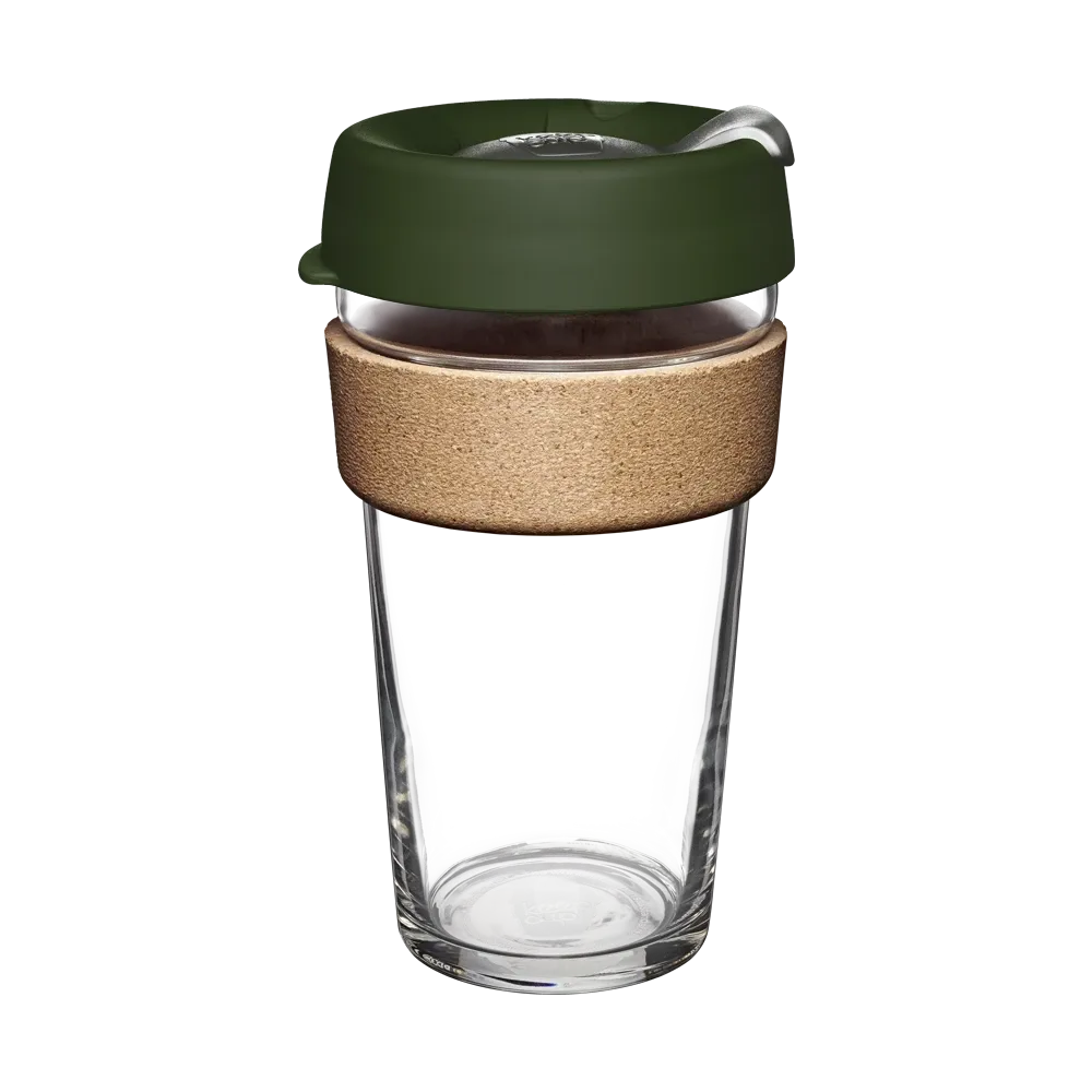Clear glass reusable cup with a pine green lid and cork sleeve on a white background