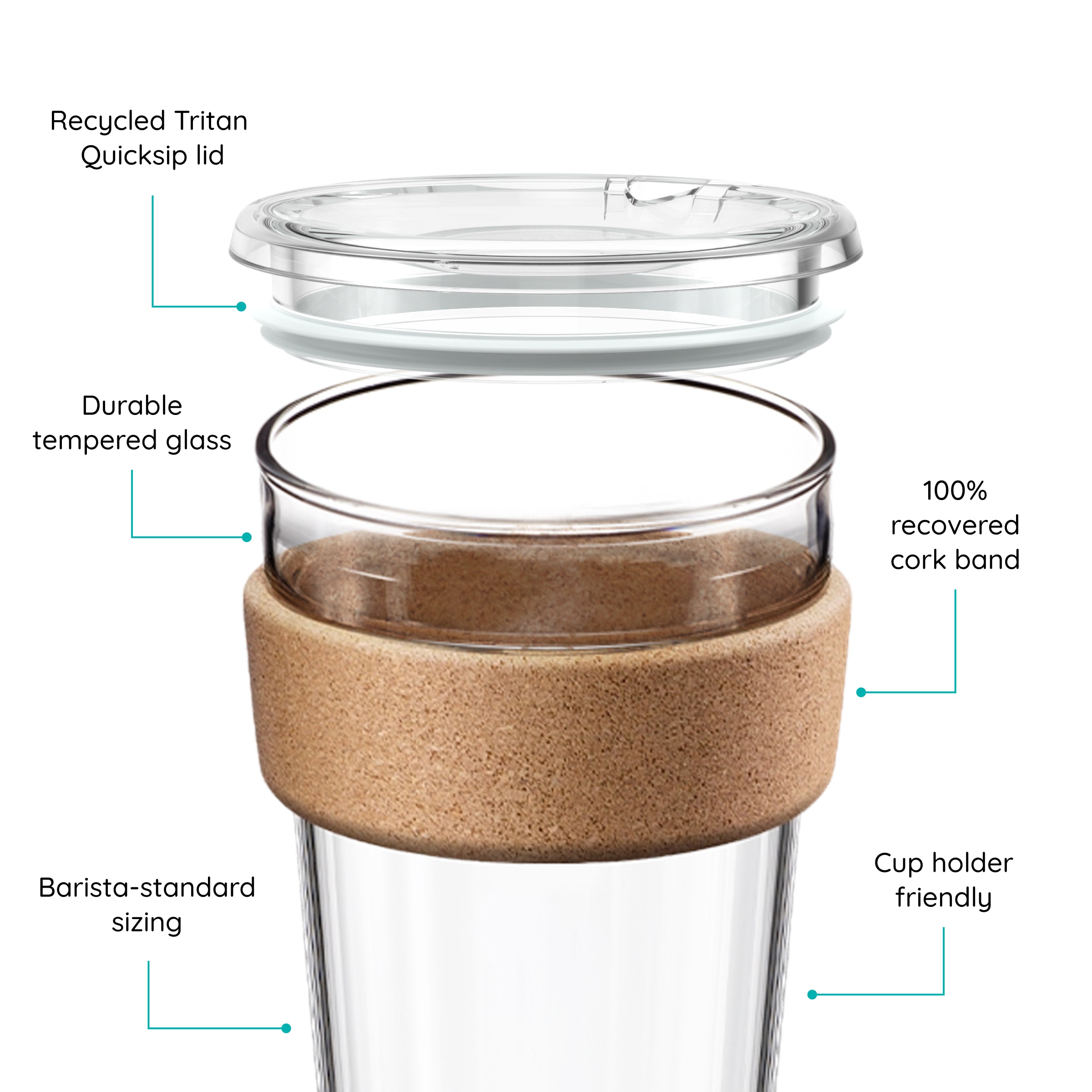 KeepCup glass coffee cup with cork band and lid, featuring text on a white background.