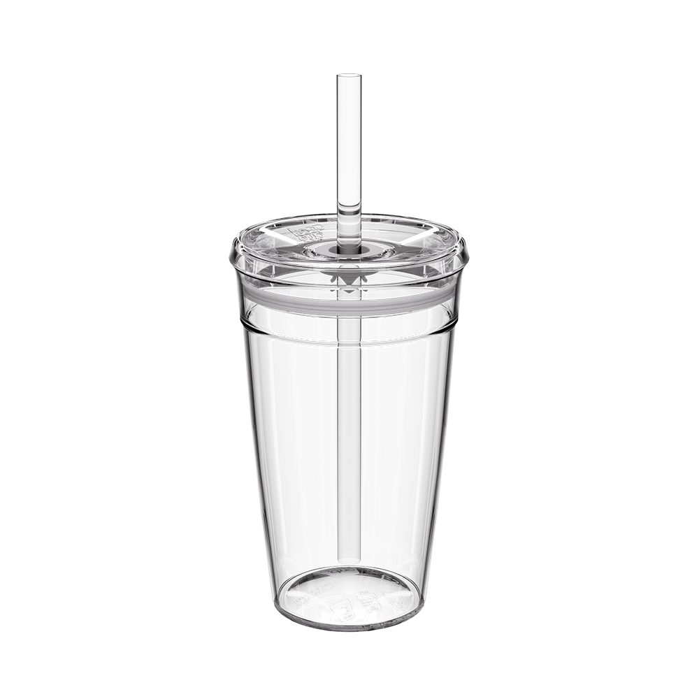 Clear 16oz plastic tumbler with a coffee straw on a white background