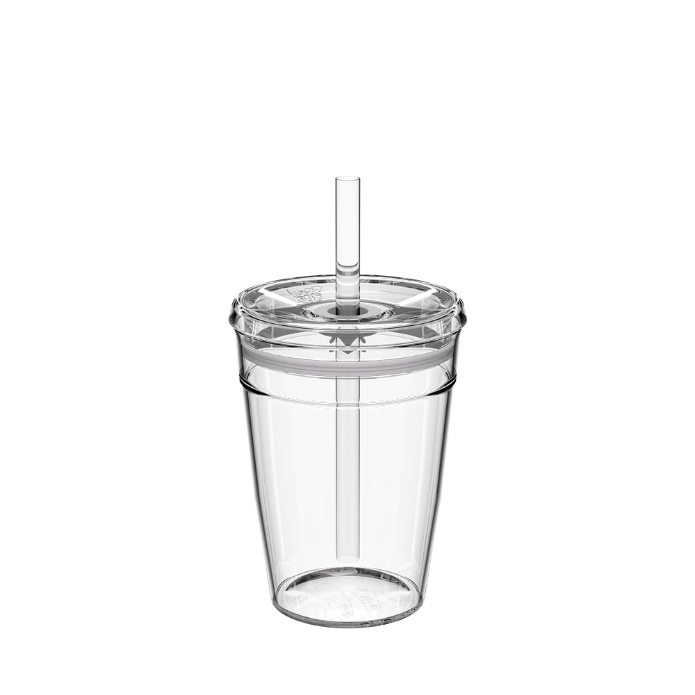 Clear 12oz plastic tumbler with a coffee straw on a white background