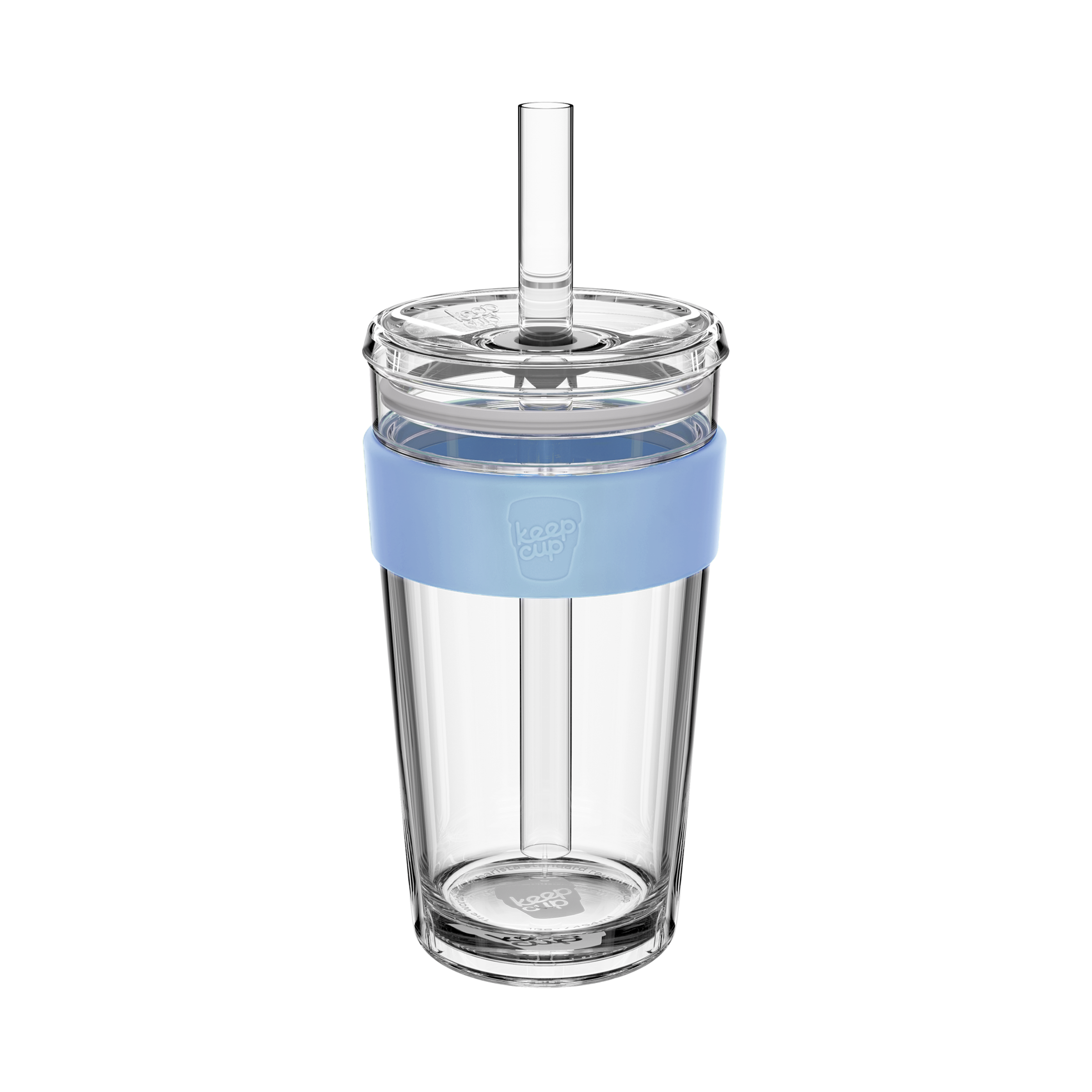 KeepCup Cold Cup Longplay Boba L 16oz in Orchid, featuring a clear double-walled cup with a light blue silicone band, transparent lid and reusable straw, shown against a white background.