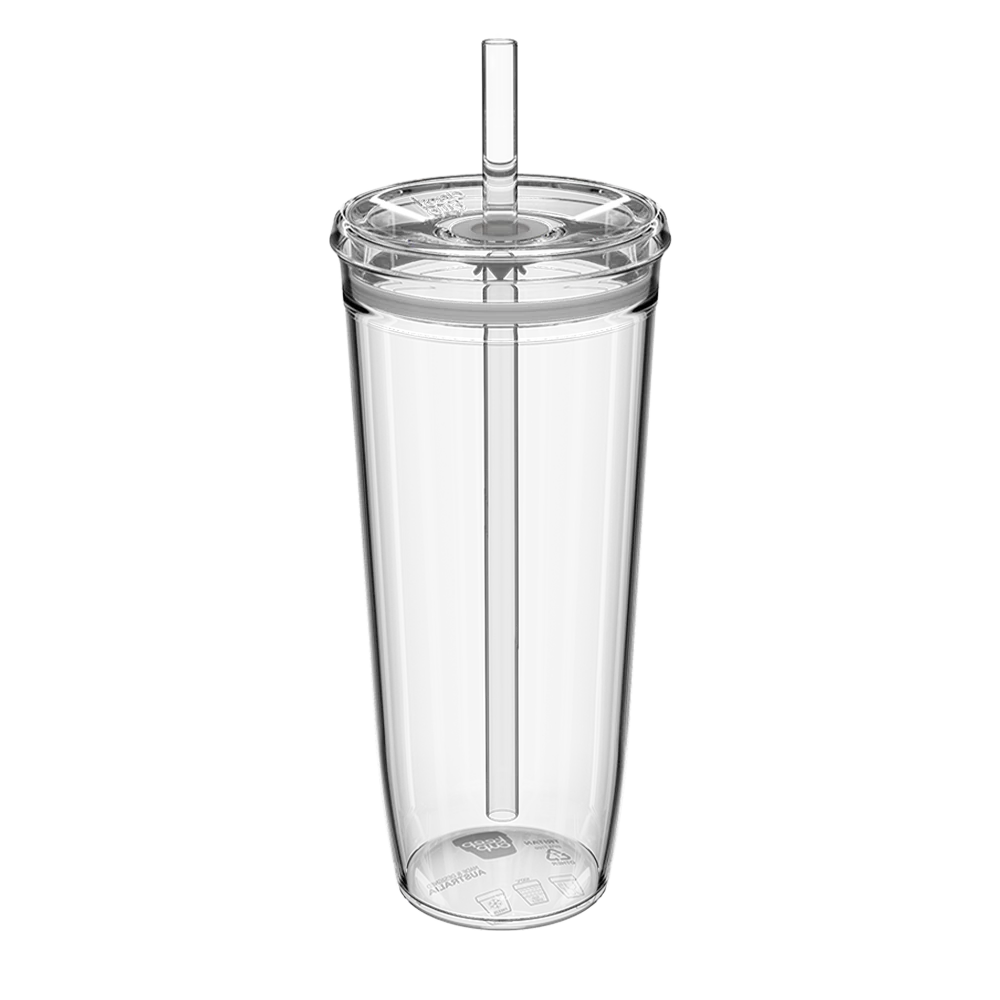 Clear tumbler with a straw on a white background