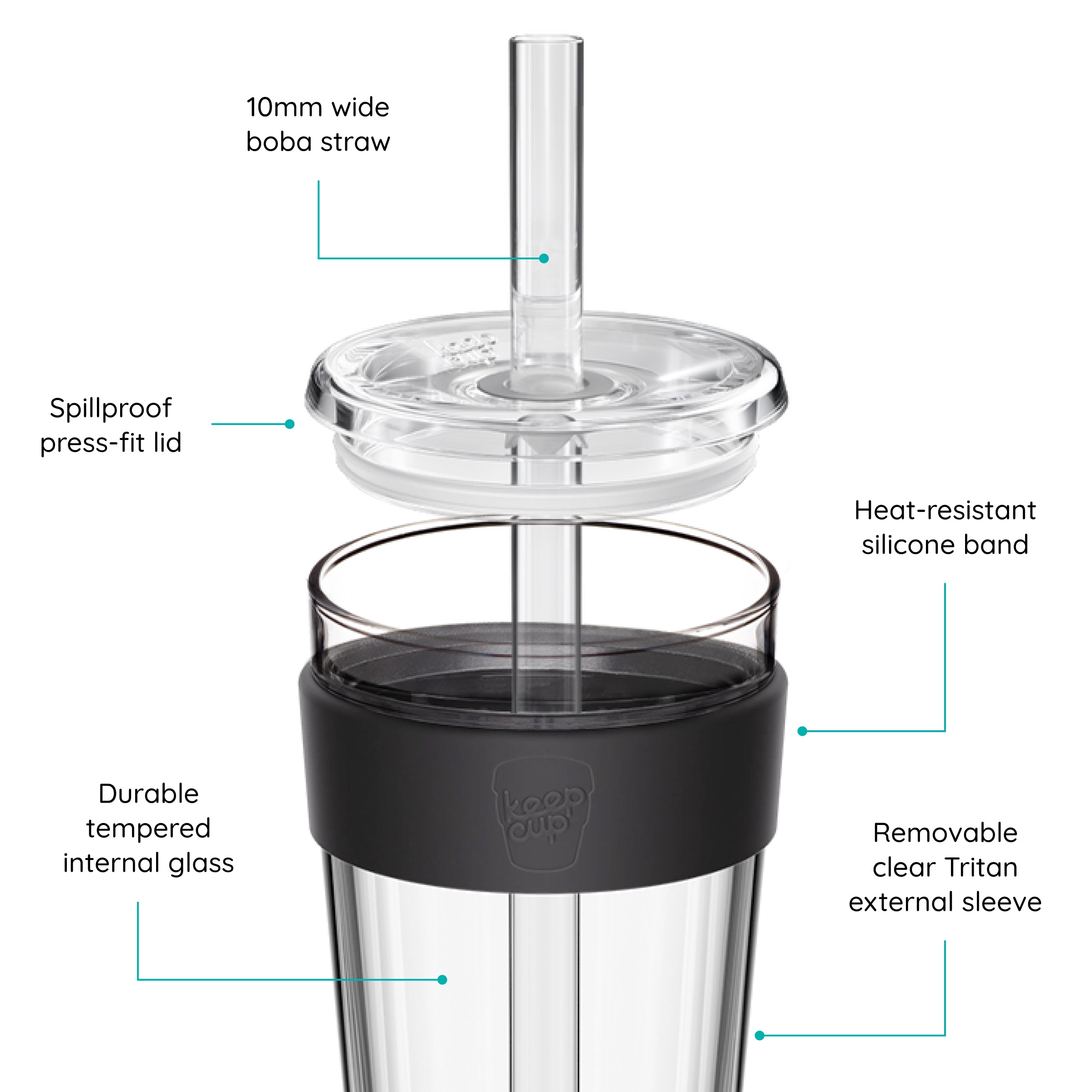 Cold Cup Long with Boba Straw. Features labeled on a white background