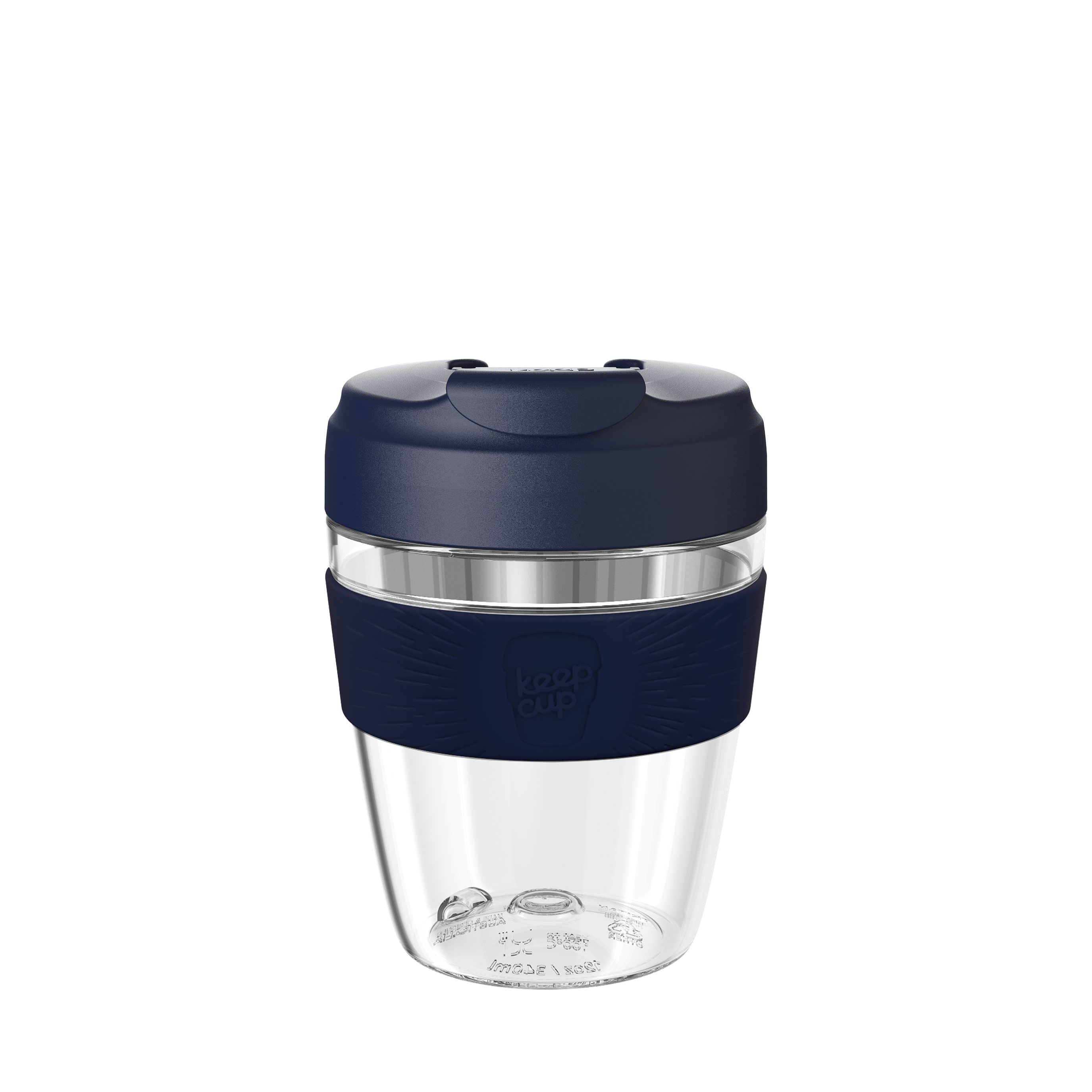 Navy blue reusable coffee cup with clear body