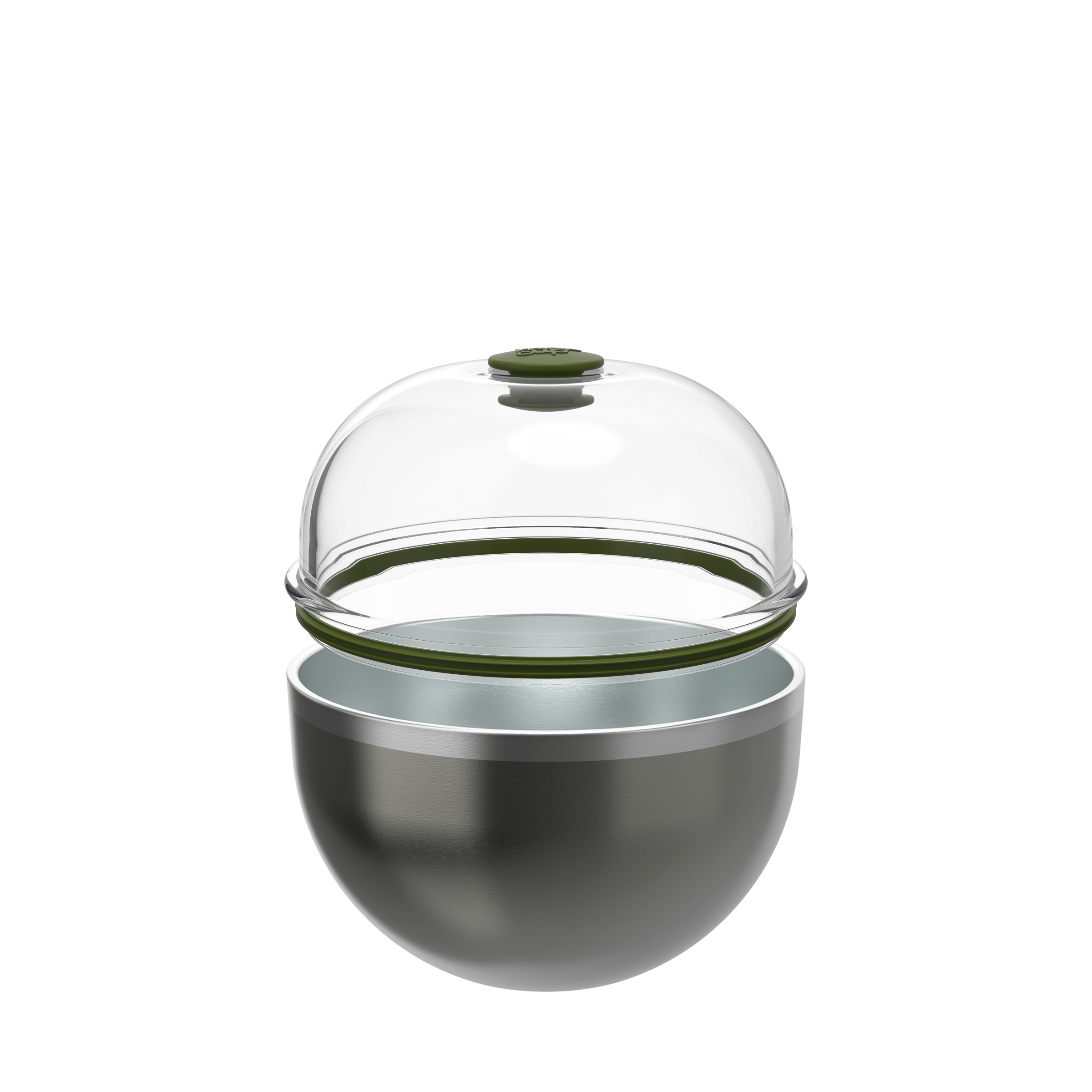 KeepCup Go Bowl Luxe in Nitro Pine shown in an exploded view with the clear dome lid with pine green knob separated from the dark metallic stainless steel bowl base, highlighting the green silicone seal.
