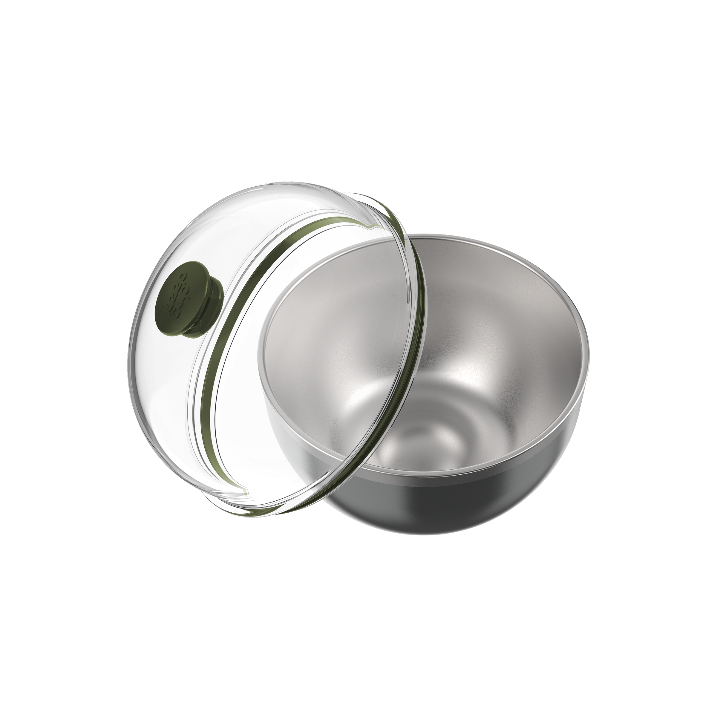KeepCup Go Bowl Luxe in Nitro Pine, shown with the transparent domed lid with pine green silicone seal and vent button resting against the stainless steel bowl base.