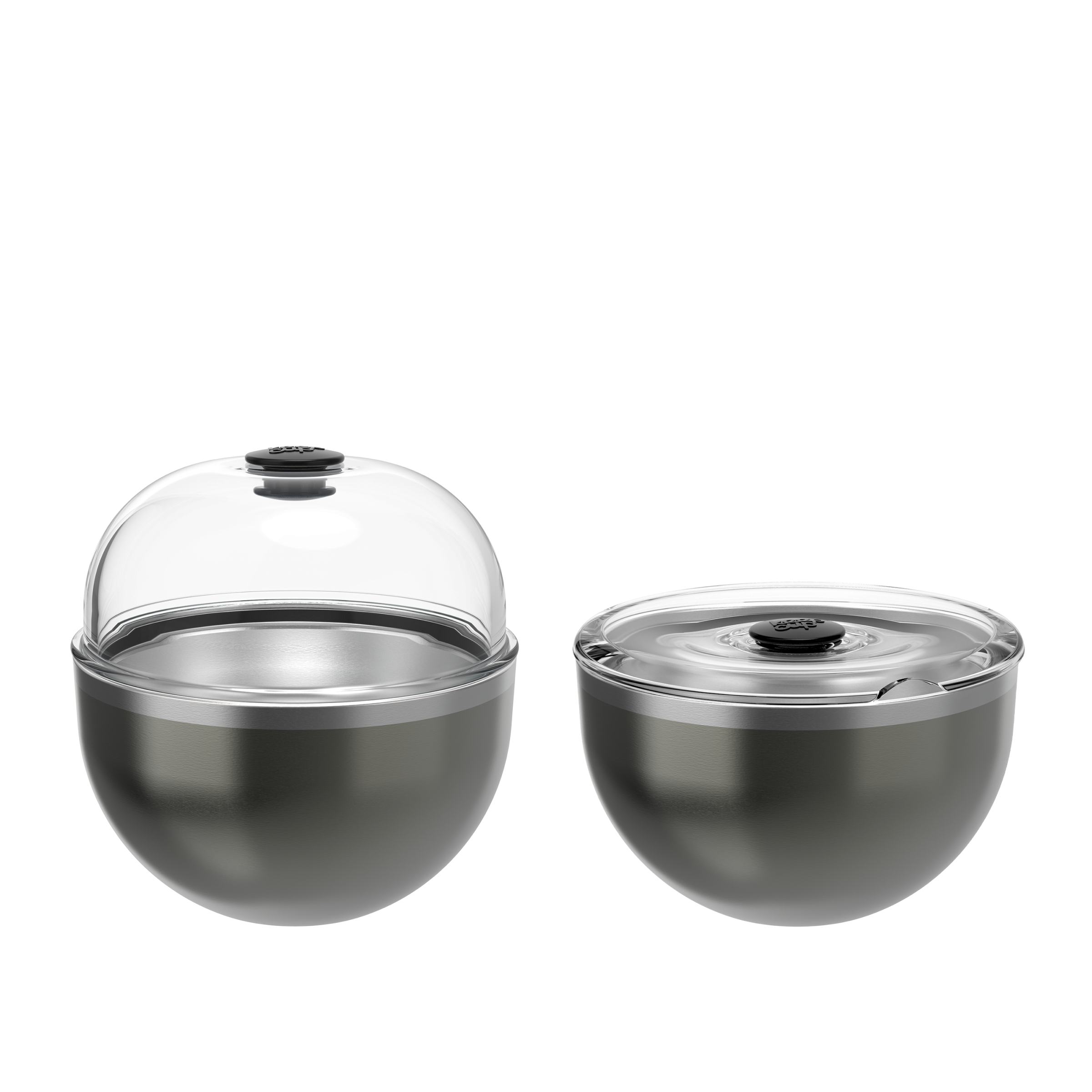 Two grey stainless steel bowls with clear glass lids and black handles, one dome-shaped lid raised, one flat lid closed