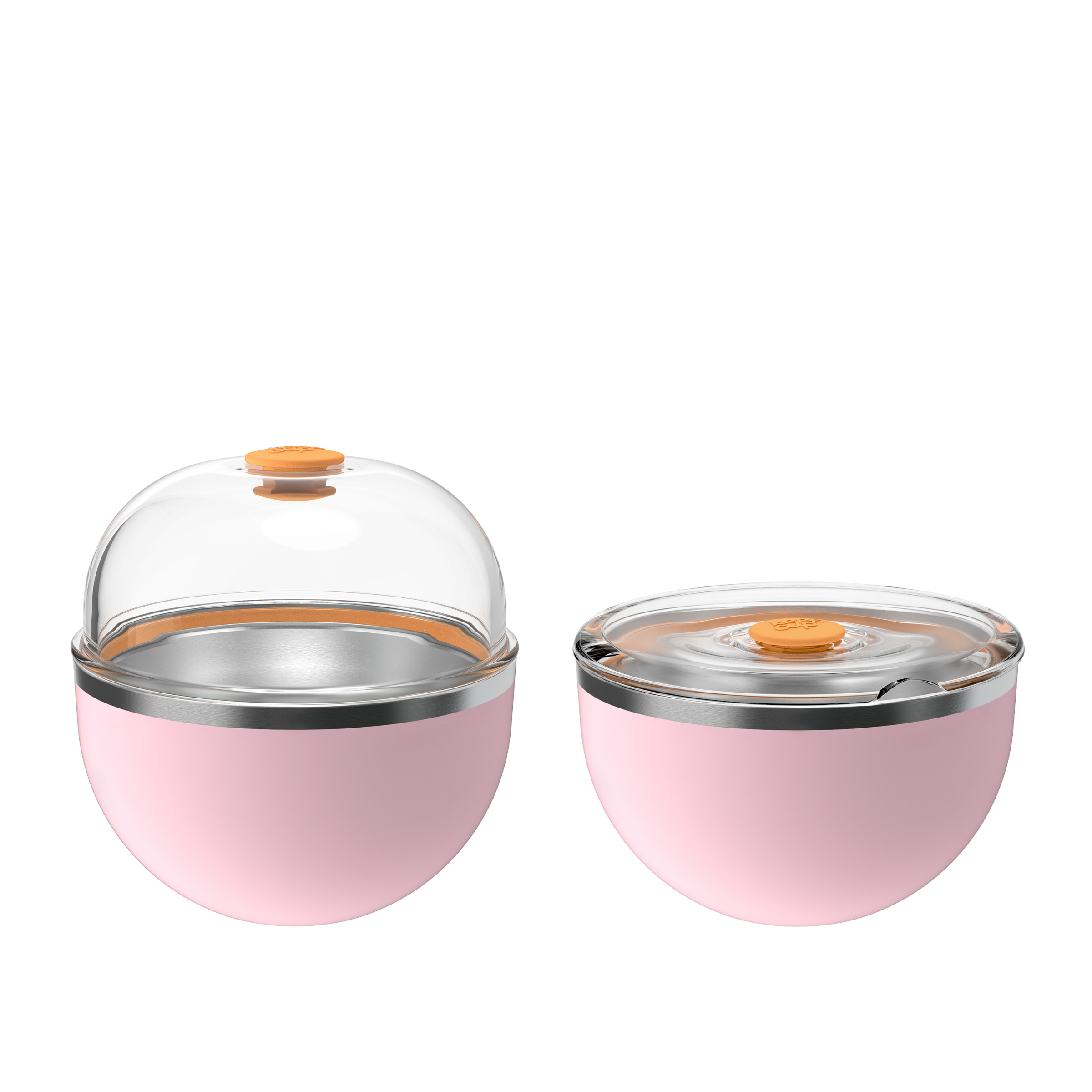 KeepCup Go High Go Low in Pashmak Pink shown with two lid options: a tall domed lid and a low flat lid, both featuring transparent plastic with orange press-fit closures atop a soft pink insulated stainless steel cup base.