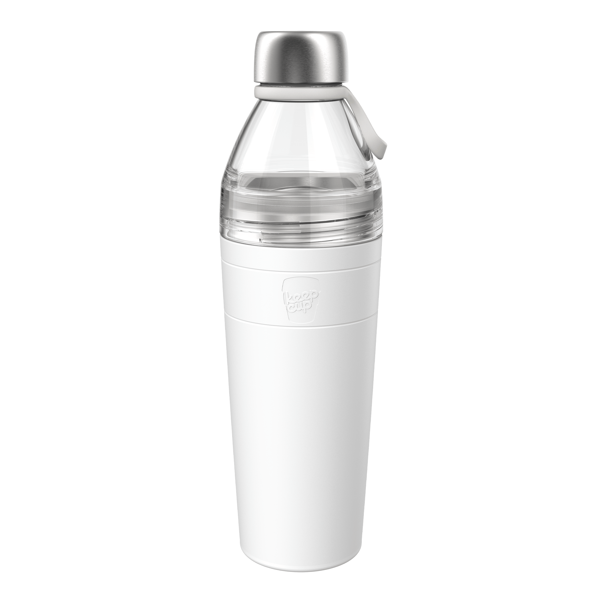 KeepCup Helix Bottle Clear Top 770ml in White, shown at a slight angle against a plain white background, featuring a stainless steel cap, clear upper section with carrying loop, and white insulated lower body with embossed KeepCup logo.