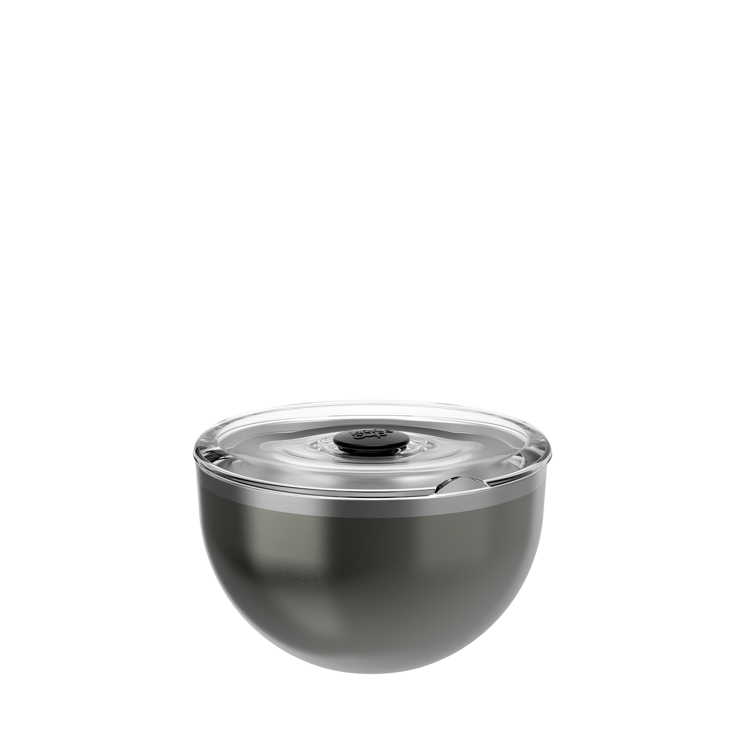 KeepCup Go Bowl Luxe with Flat Lid in Nitro, featuring a dark metallic stainless steel bowl with a clear flat lid, shown from a front angle against a white background.