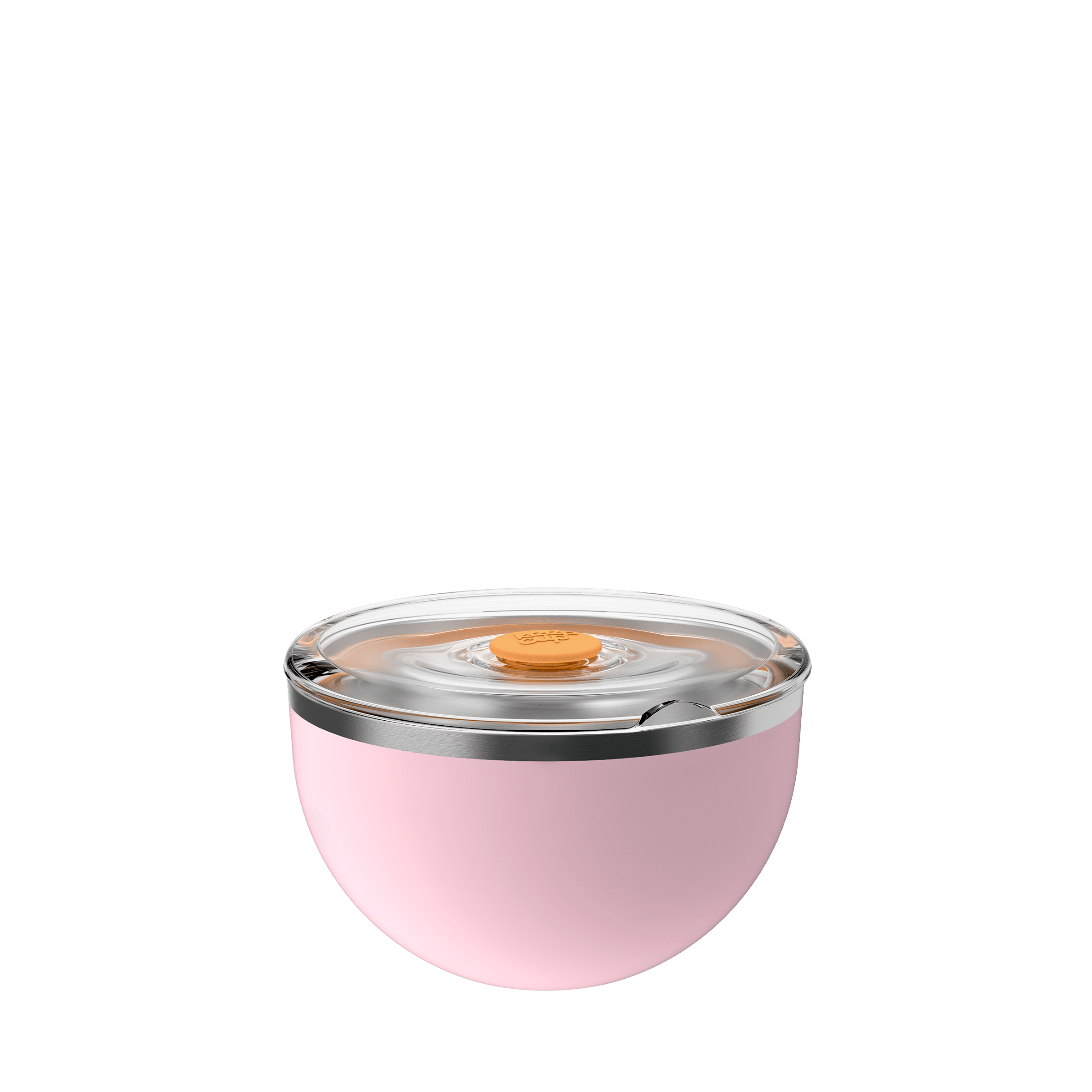 KeepCup Go Bowl Luxe in Pashmak Pink, featuring a soft pink stainless steel bowl base with clear flat lid and orange centre vent button, shown from a front angle against a white background.