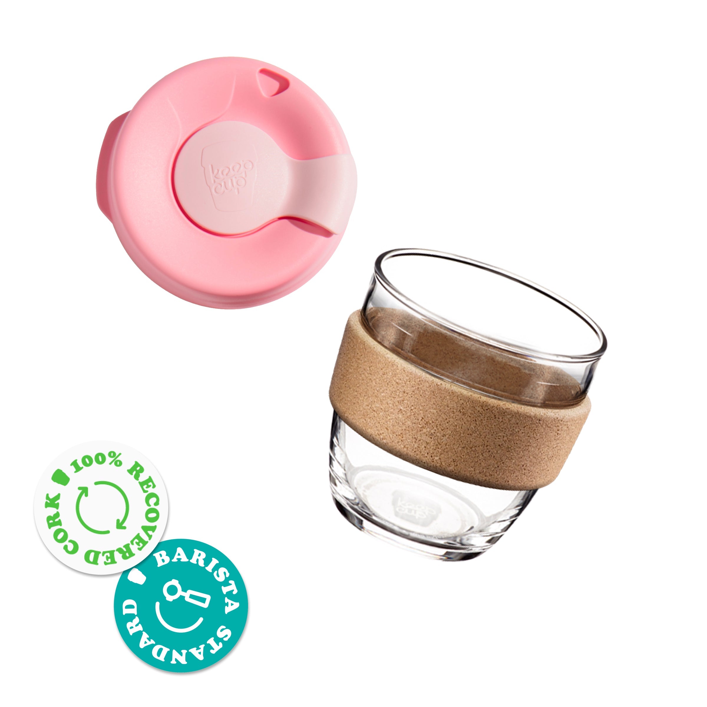 KeepCup Brew Cork S 8oz shown as an exploded view with the lid separated from the tempered glass cup featuring a natural cork band. Badges highlight 100% recovered cork and barista standard compatibility.