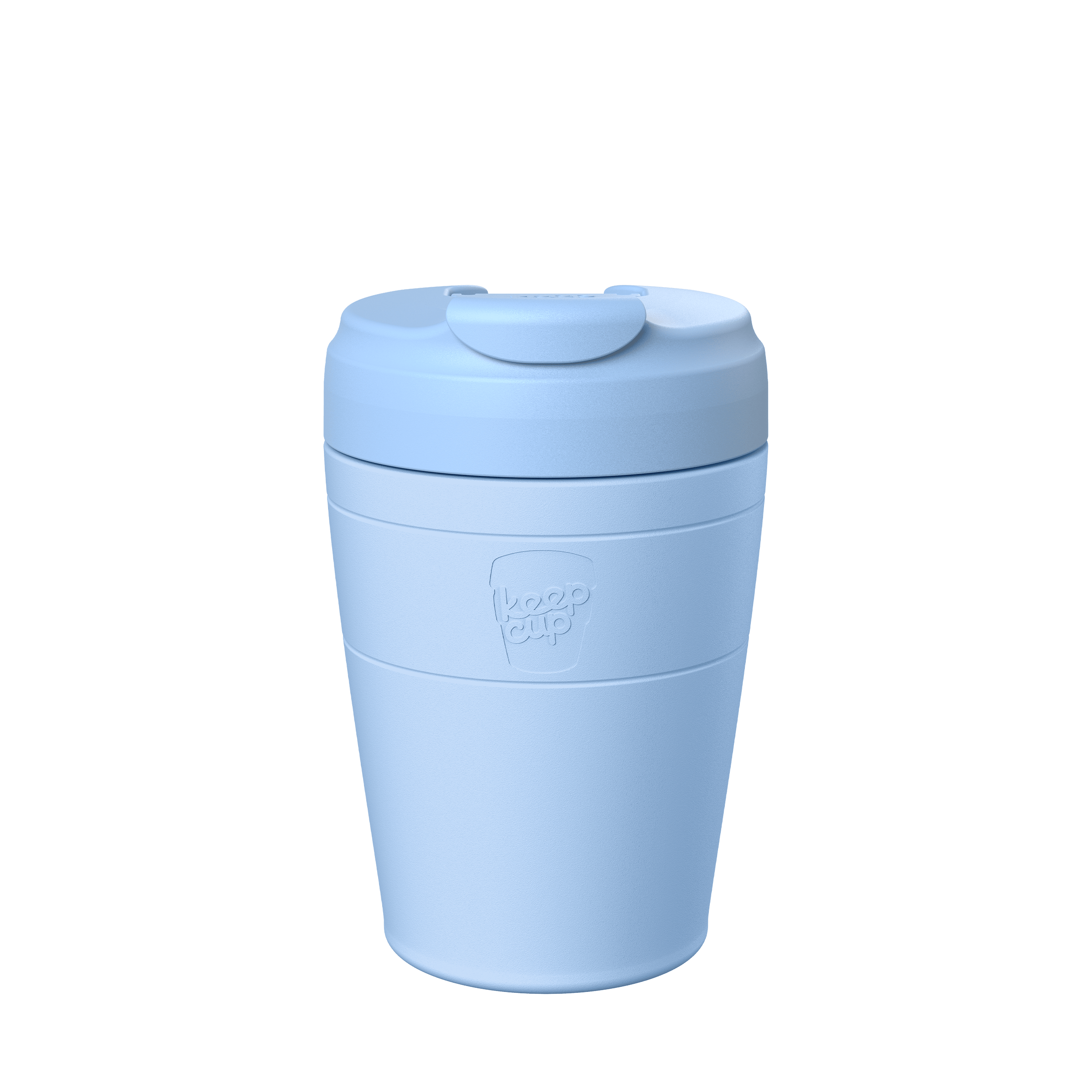 KeepCup Commuter M 12oz in Orchid, featuring a light blue cup with a matching lid, shown against a plain white background in a front-facing product shot.