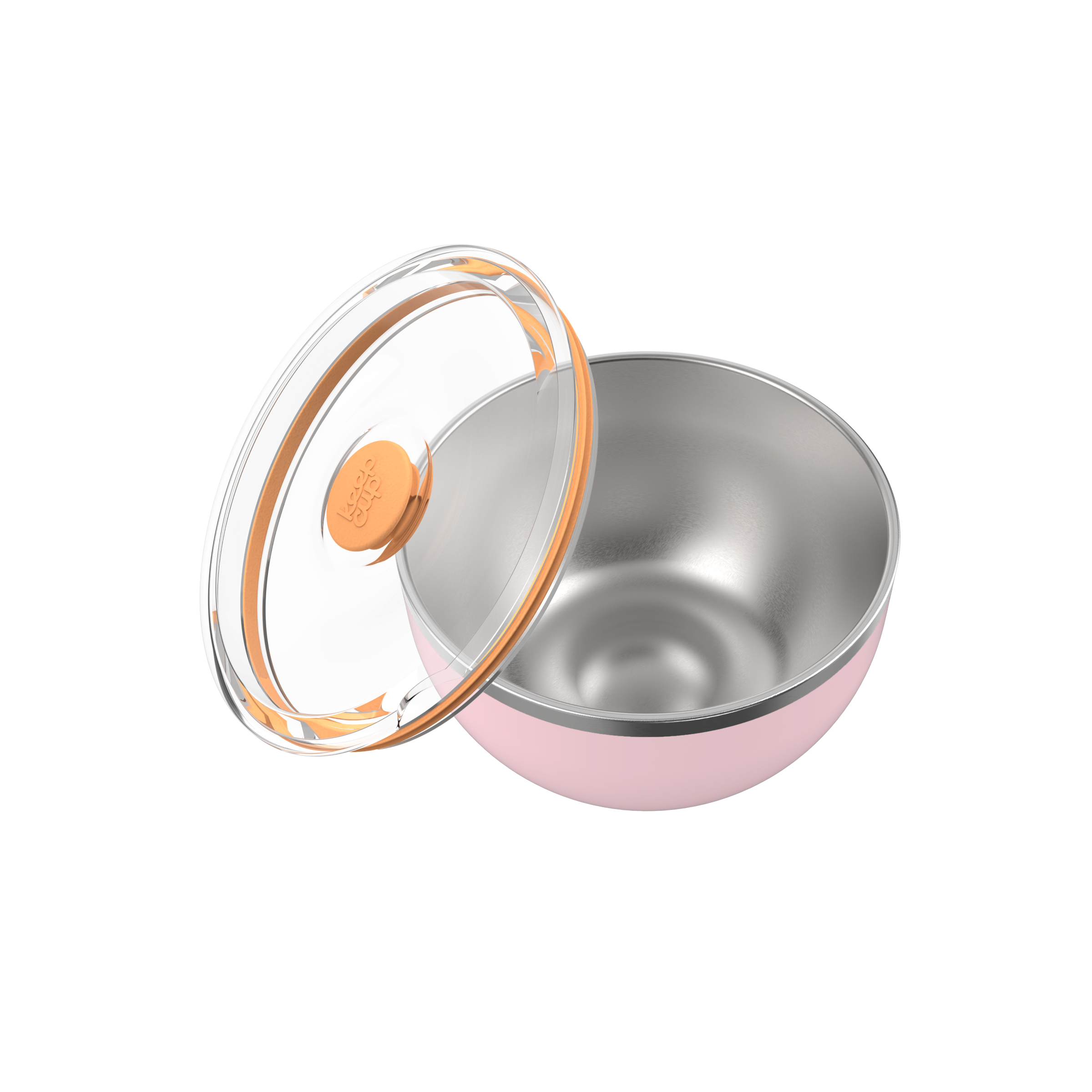 KeepCup Go Bowl Luxe in Pashmak Pink with stainless steel interior and clear flat lid with orange silicone seal, shown at an angle with the lid resting against the bowl to display both components.