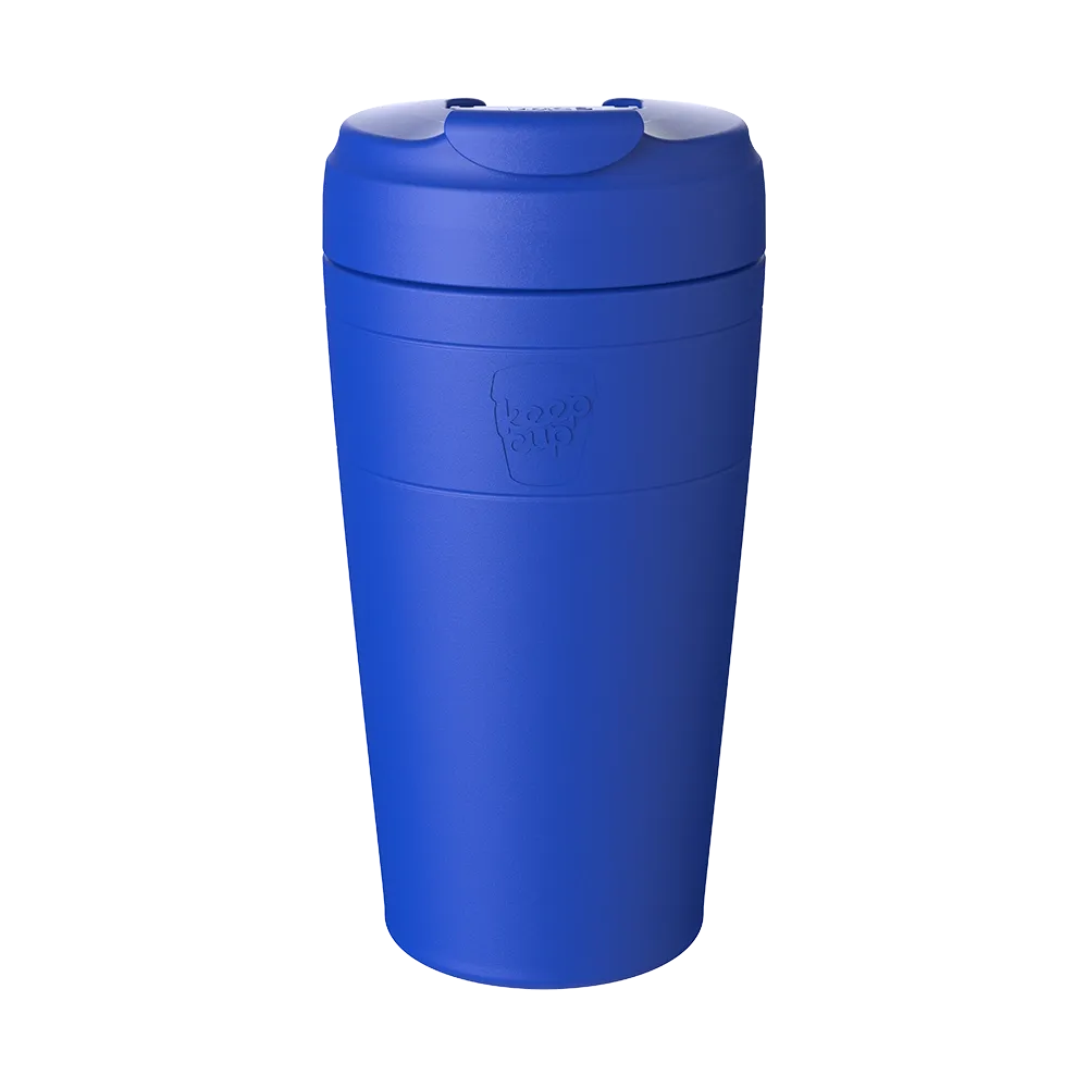 Electric Blue travel mug with a flip lid on a white background