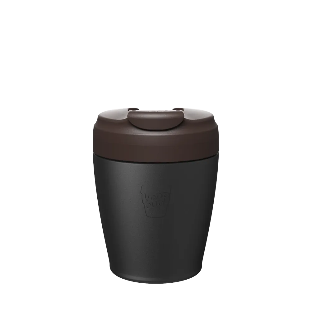 Black and brown leakproof thermos cup on a white background