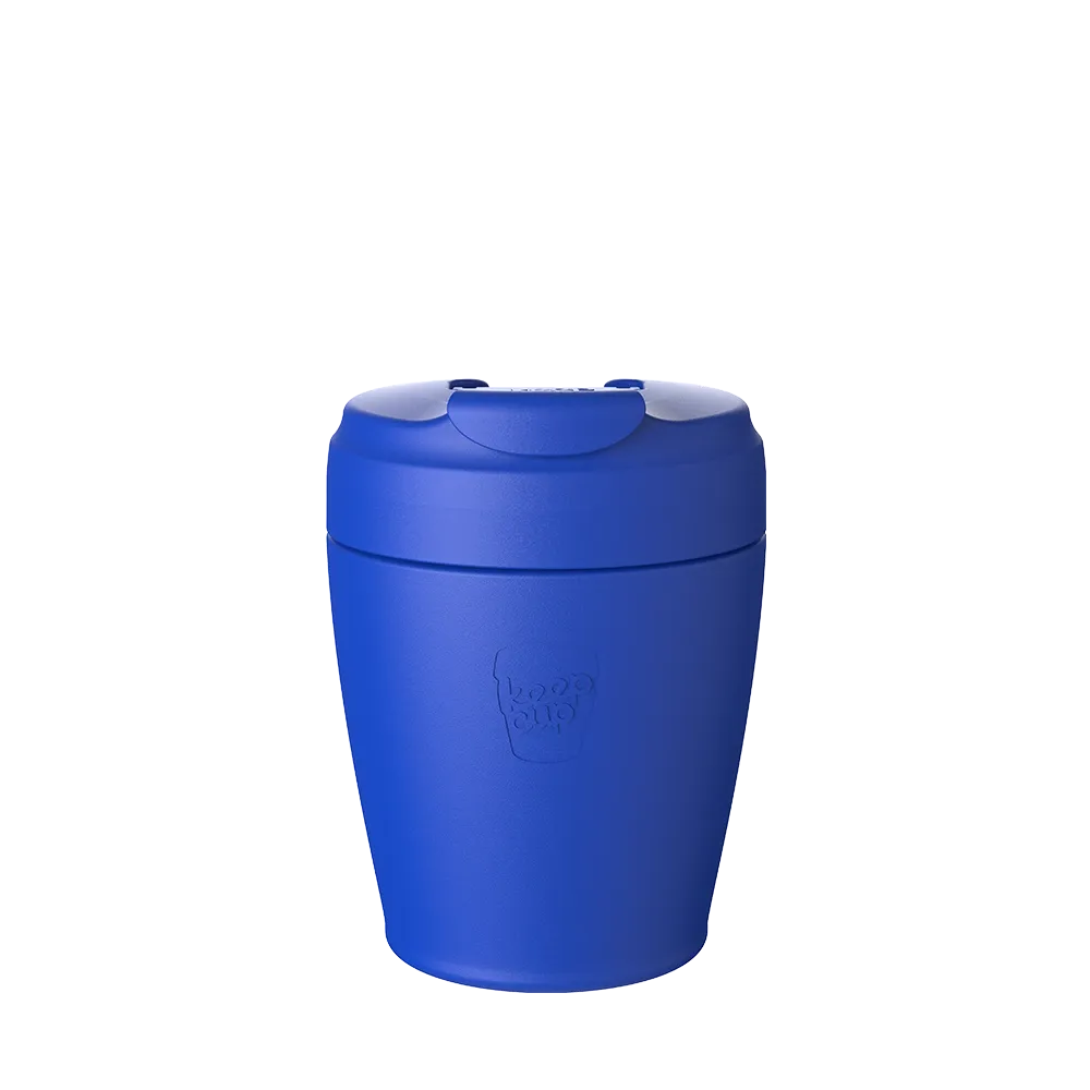 8oz electric blue travel mug on a white background