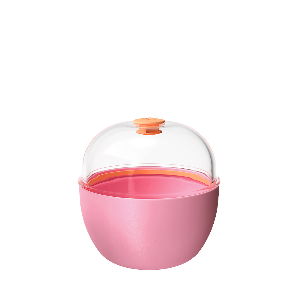 Pink container with a clear dome lid on a white background