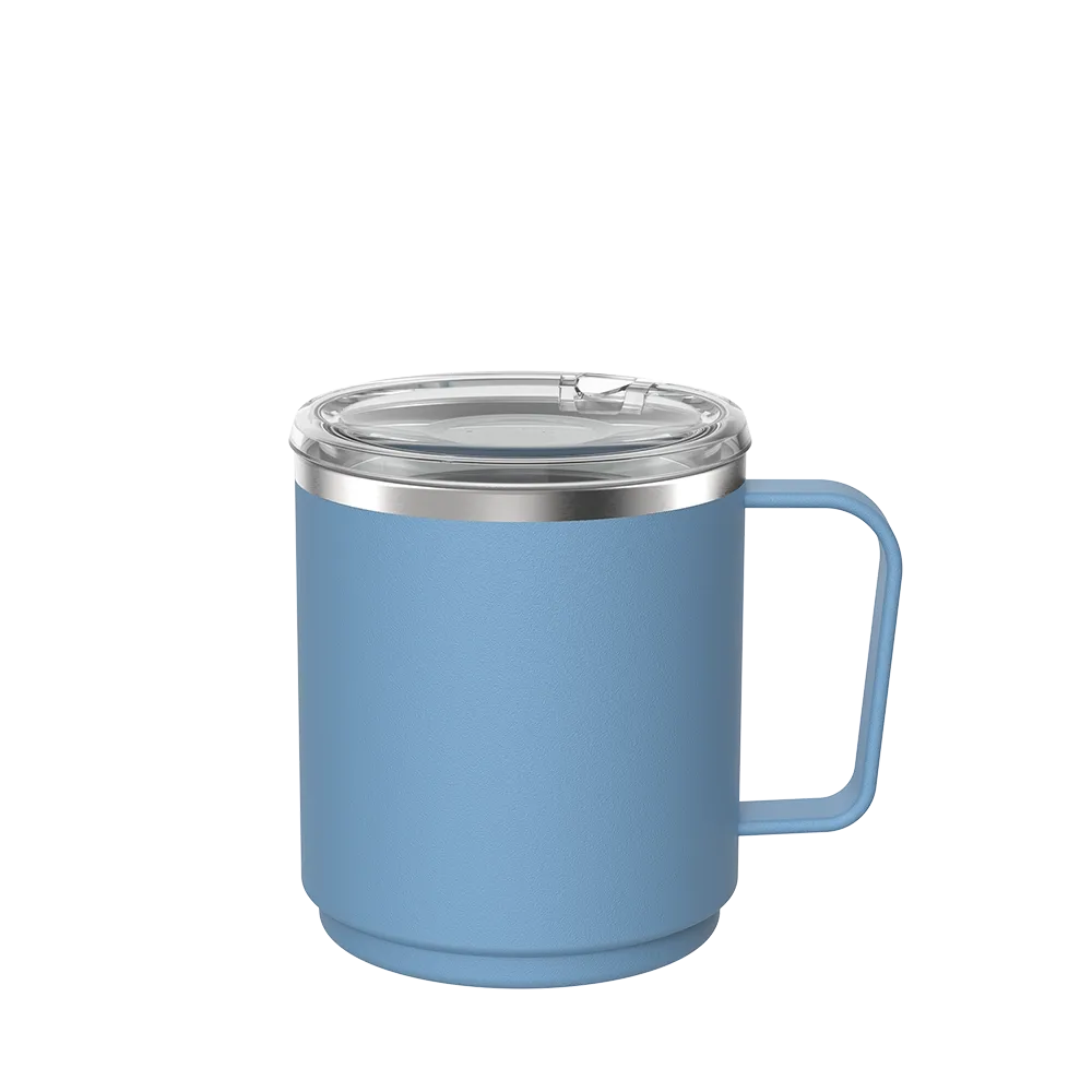 KeepCup Camp Mug M 12oz in Mist, a light blue insulated stainless steel mug with matching handle and clear sliding lid, shown at a slight angle against a white background.