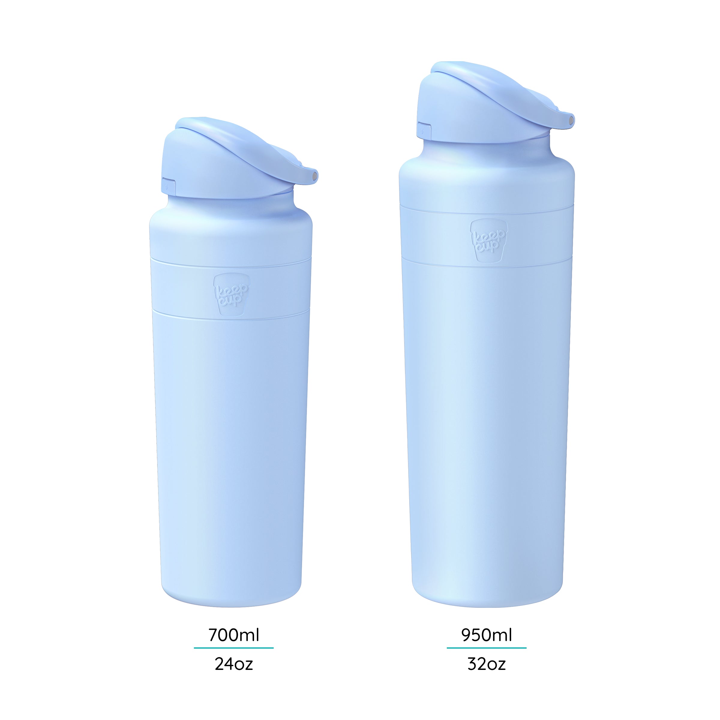 KeepCup Ora Bottle in Orchid, a soft blue reusable water bottle shown in two sizes: 700ml (24oz) on the left and 950ml (32oz) on the right, both featuring a flip-top lid and the KeepCup logo embossed on the body.