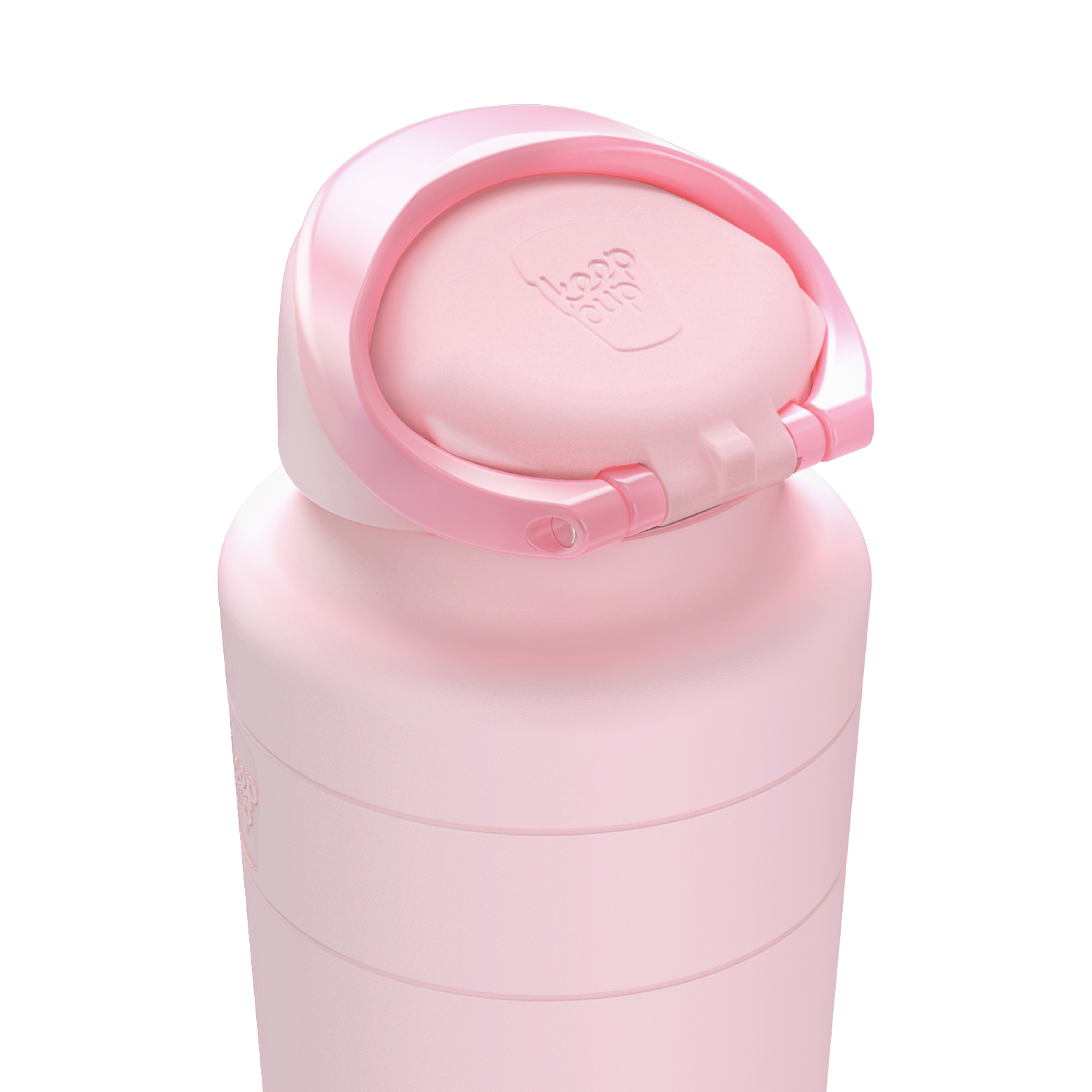 Pink water bottle with a matching cap on a white background