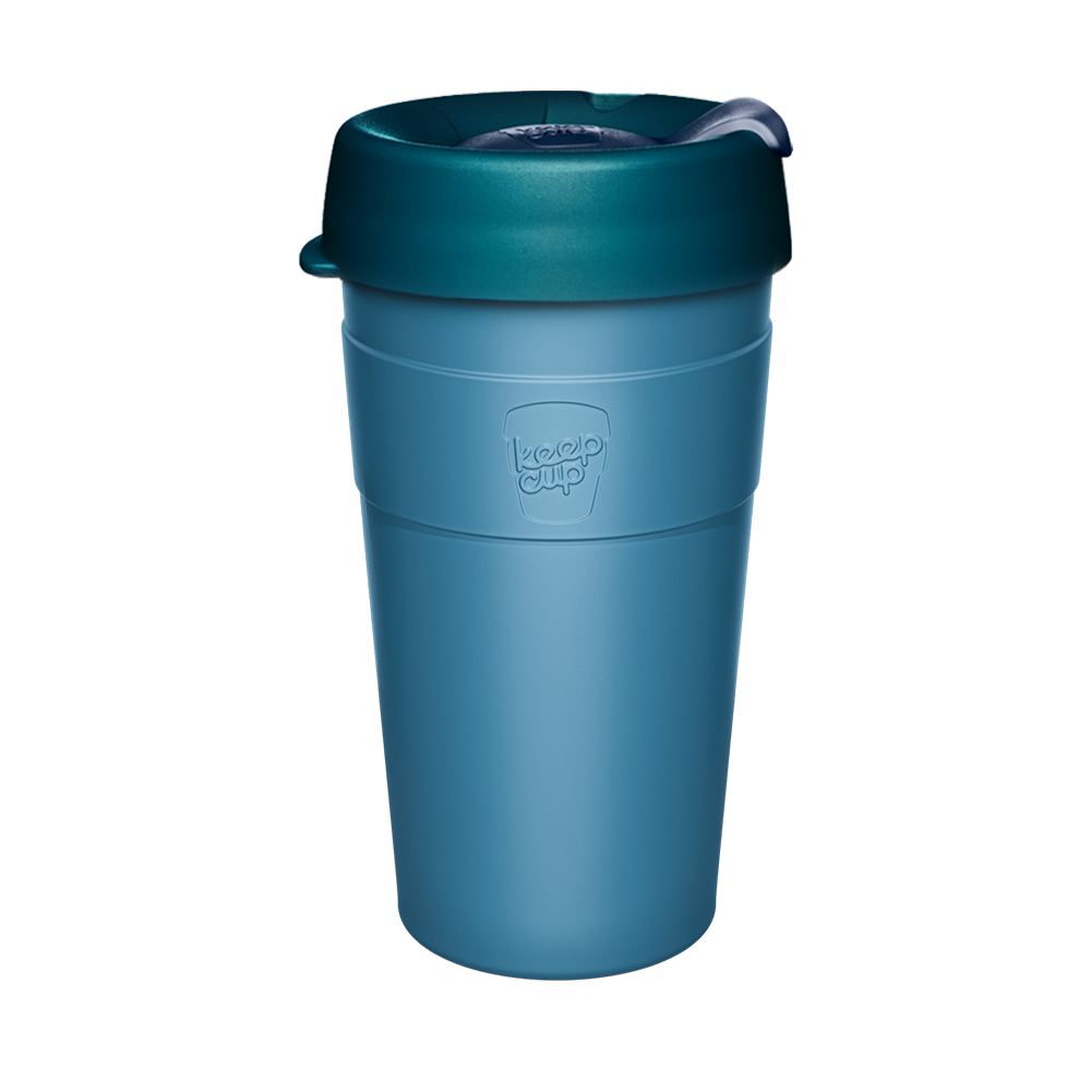 Teal KeepCup reusable coffee cup with matching lid and grey spout on white background