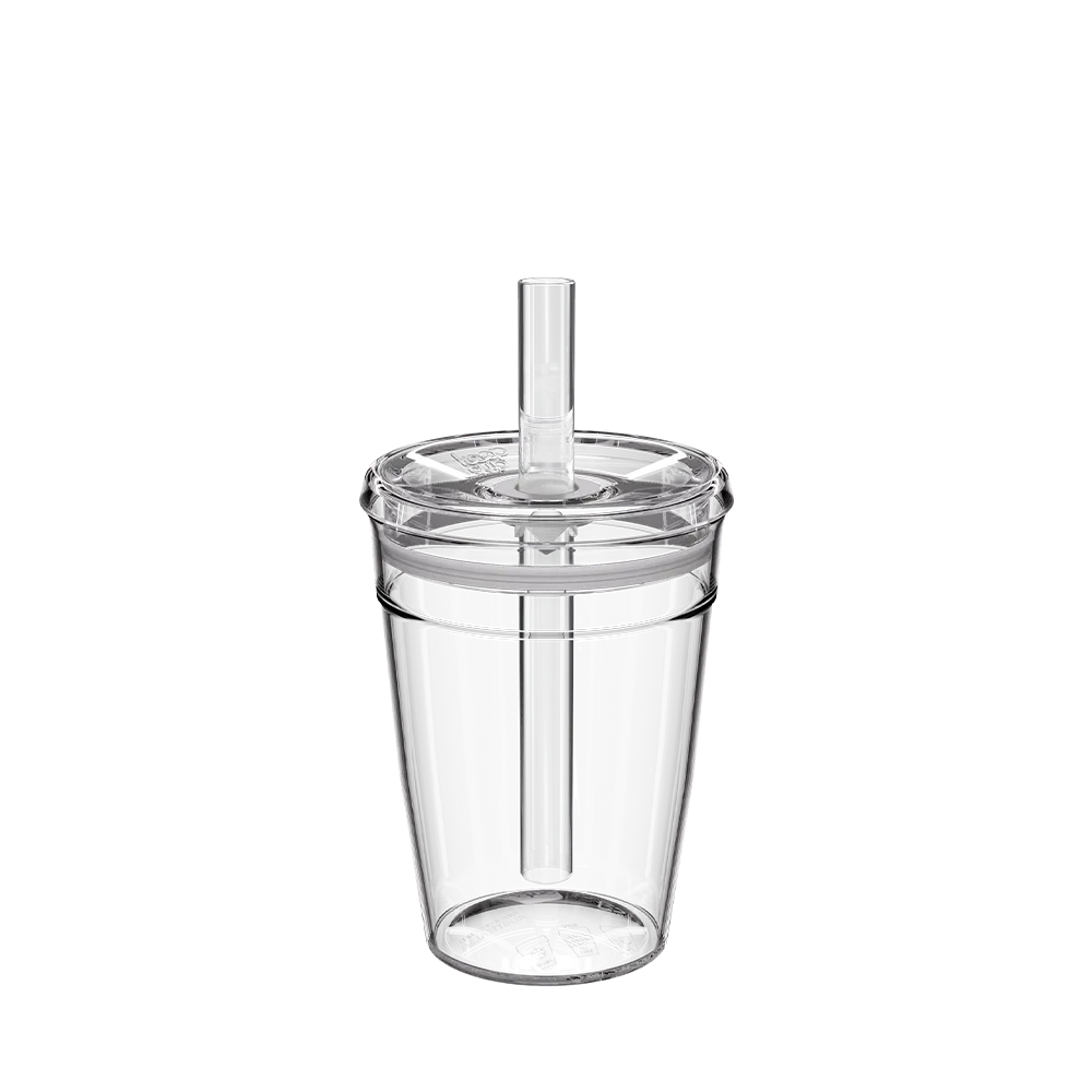Clear 12oz plastic cup with a coffee straw on a white background