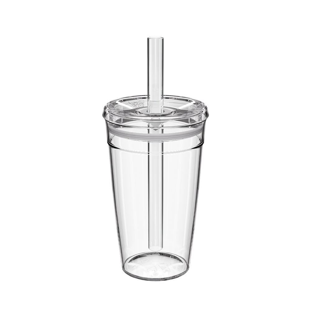 Clear plastic 16oz tumbler with a boba straw on a white background