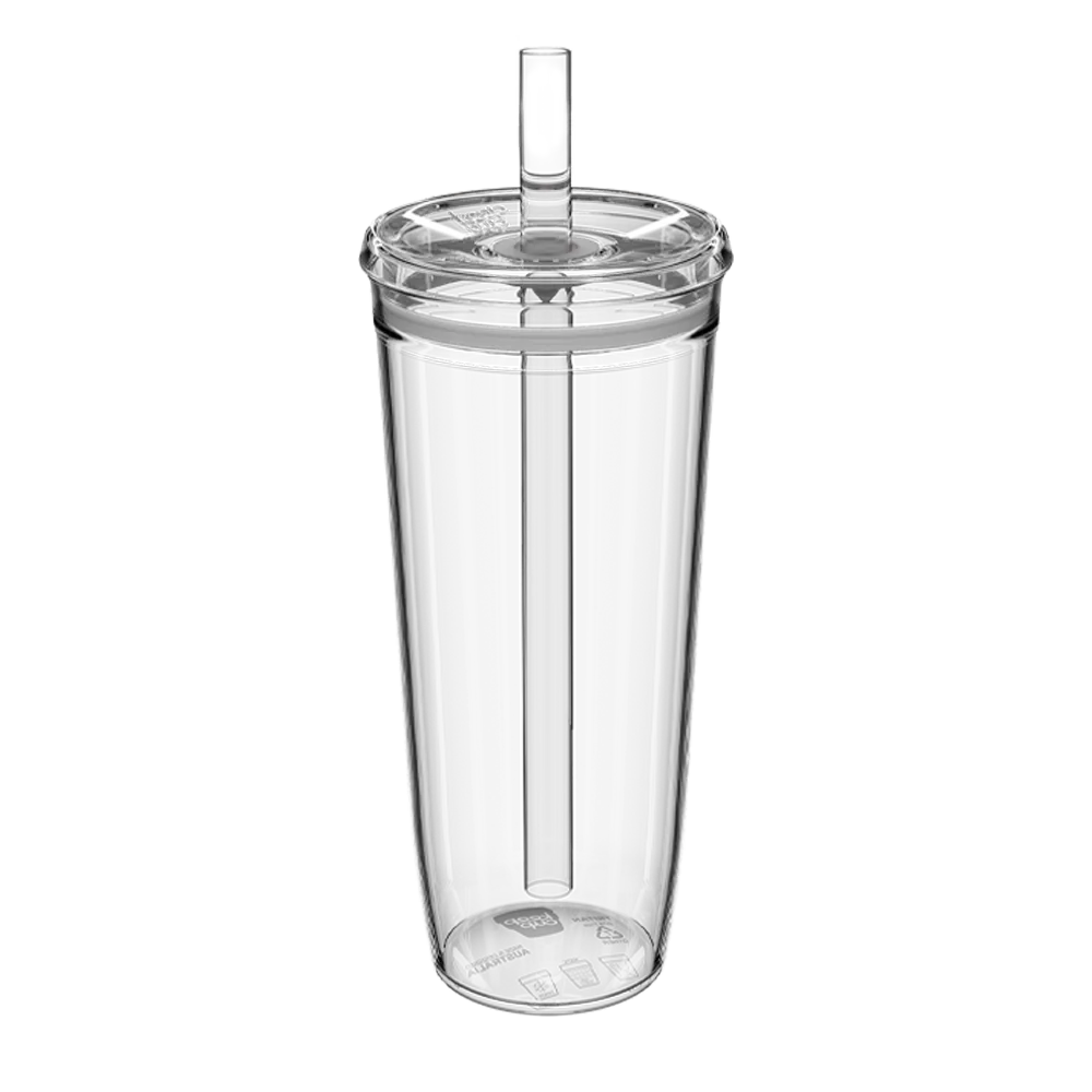 Clear 20oz tumbler with a boba straw on a white background