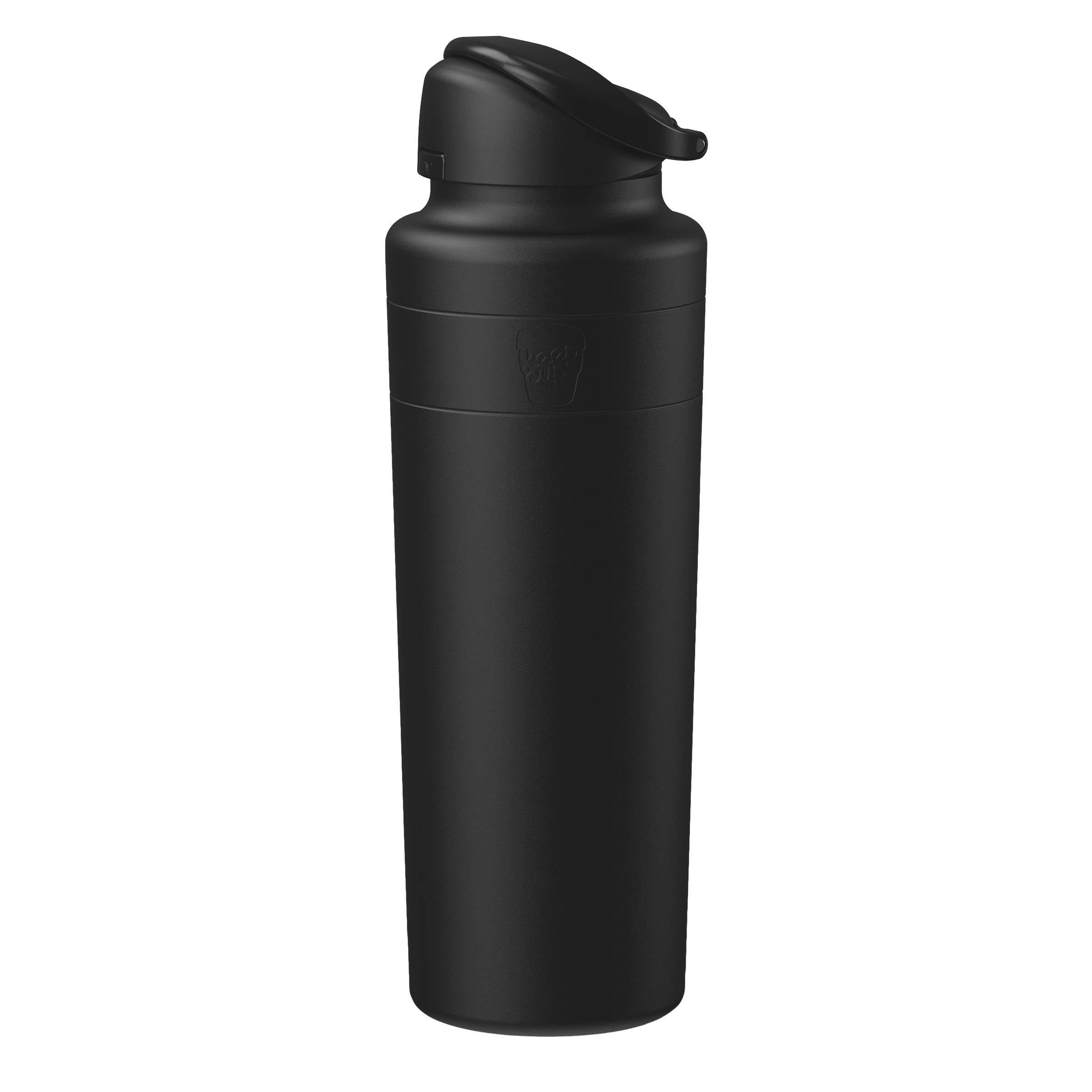 Black water bottle with a screw-on cap on a white background