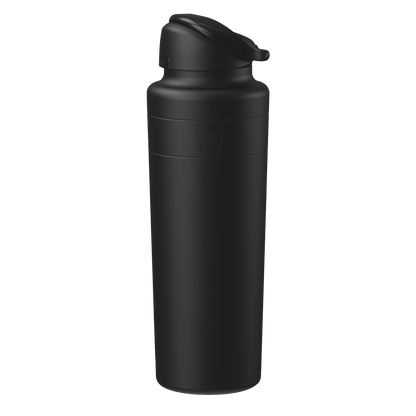 Black water bottle with a screw-on cap on a white background