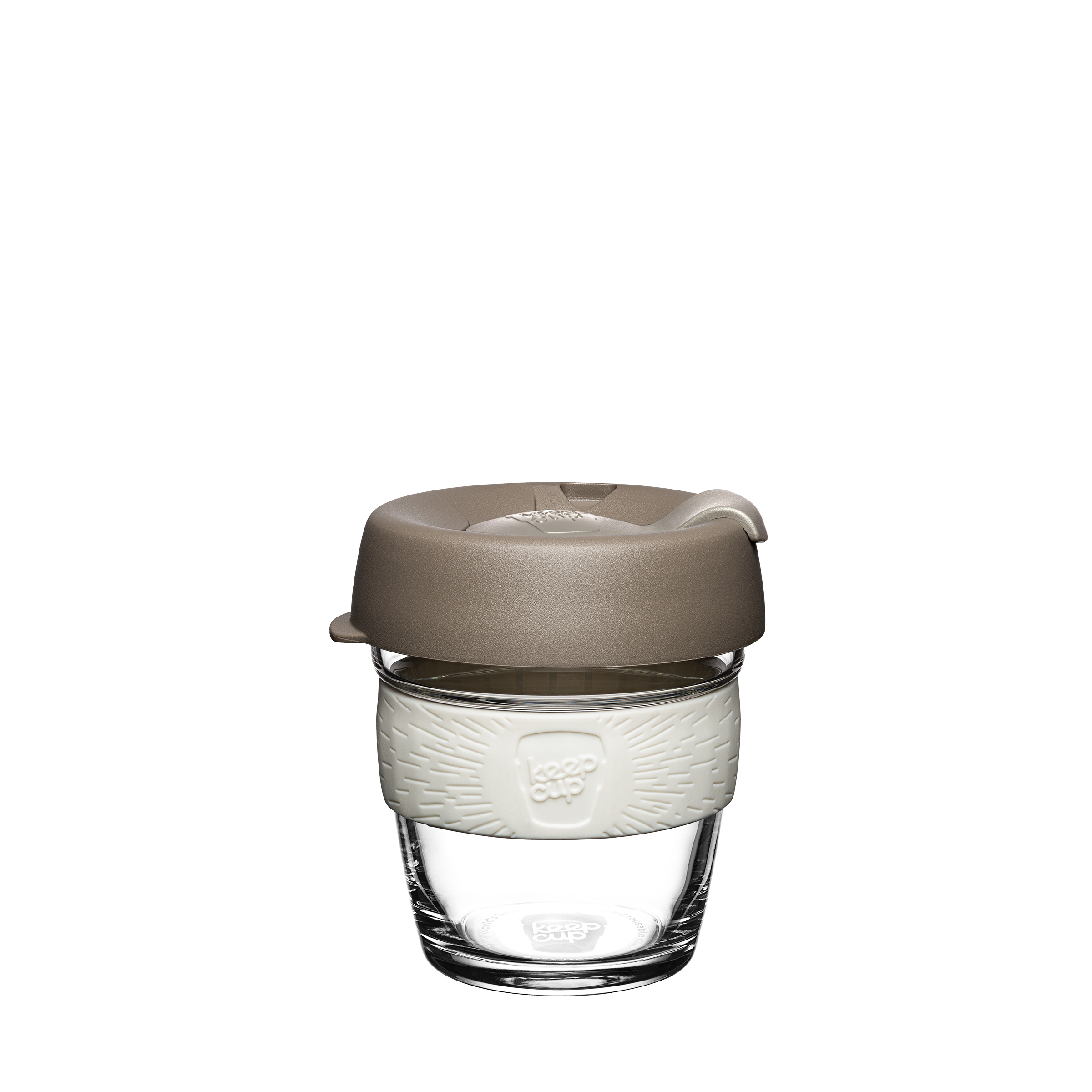 KeepCup reusable glass XS cup with light brown lid and white band on white background