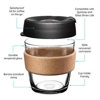 KeepCup glass coffee cup with cork band and black lid, featuring text on a white background.