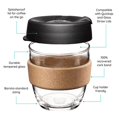 KeepCup glass coffee cup with cork band and black lid, featuring text on a white background.