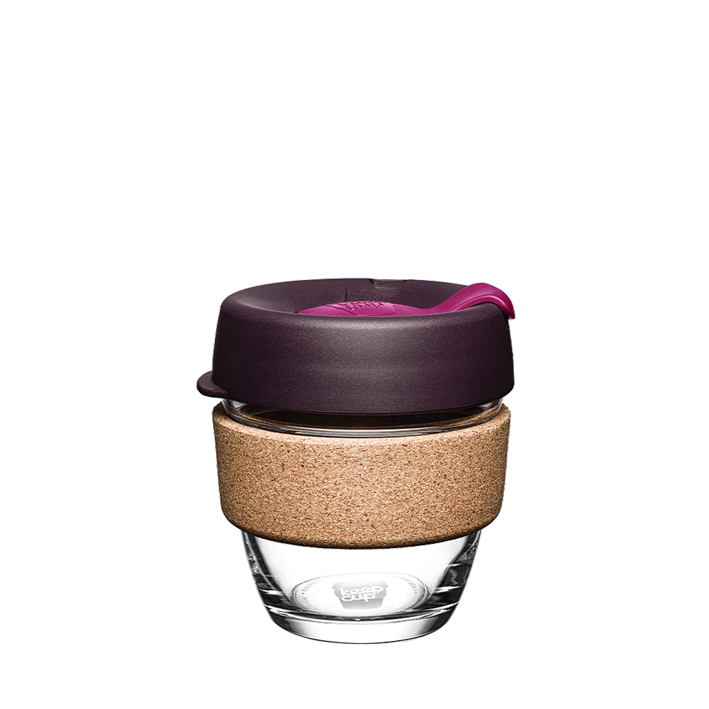 KeepCup Brew Cork S 8oz in Nutmeg, featuring a clear glass cup with natural cork band and blackberry coloured lid with grenache plug, shown against a plain white background.