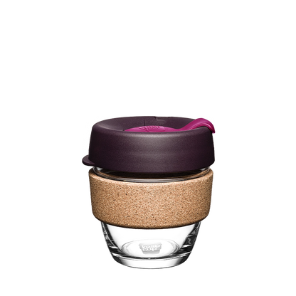 KeepCup Brew Cork S 8oz in Nutmeg, featuring a clear glass cup with natural cork band and blackberry coloured lid with grenache plug, shown against a plain white background.