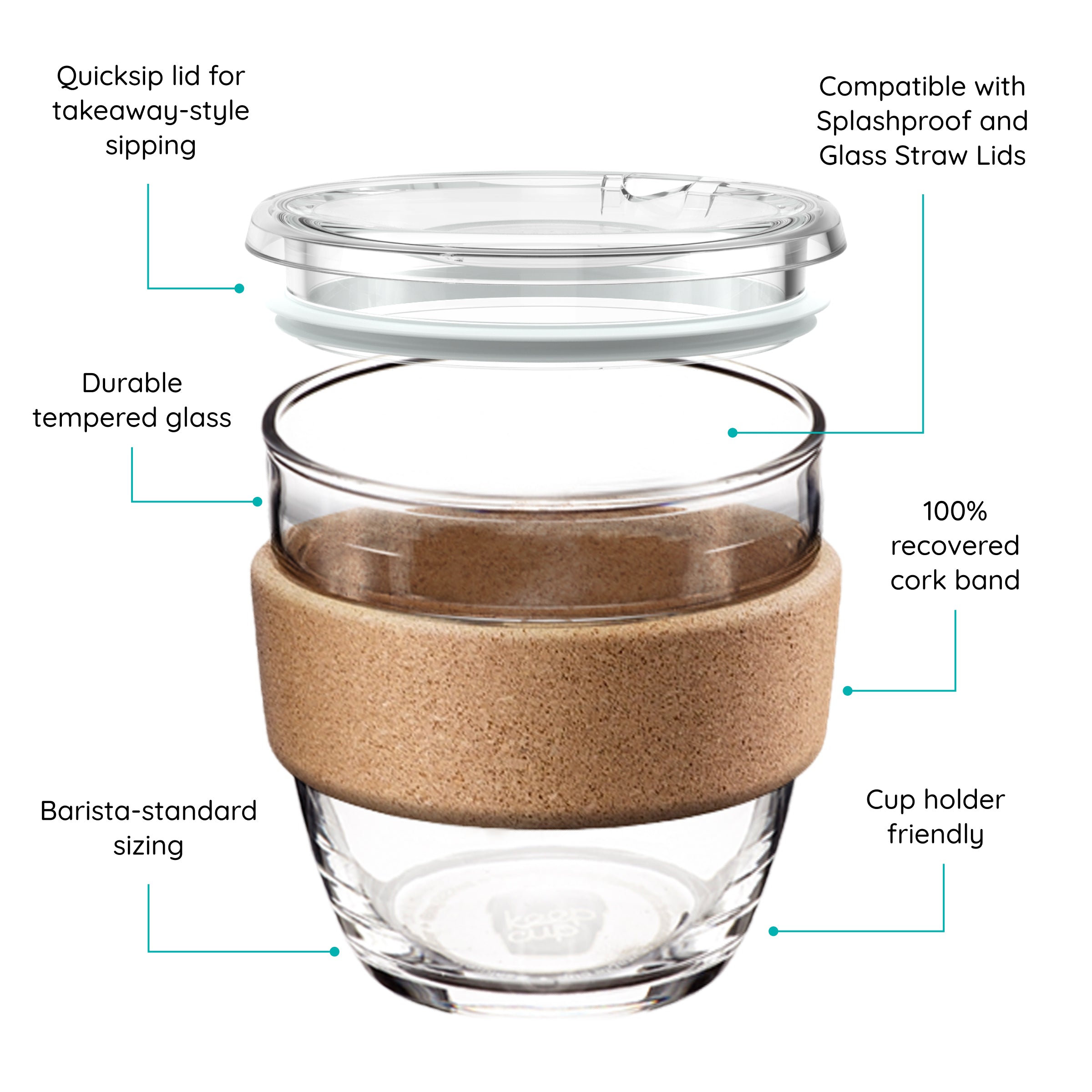 KeepCup glass coffee cup with cork band and lid, featuring text on a white background.