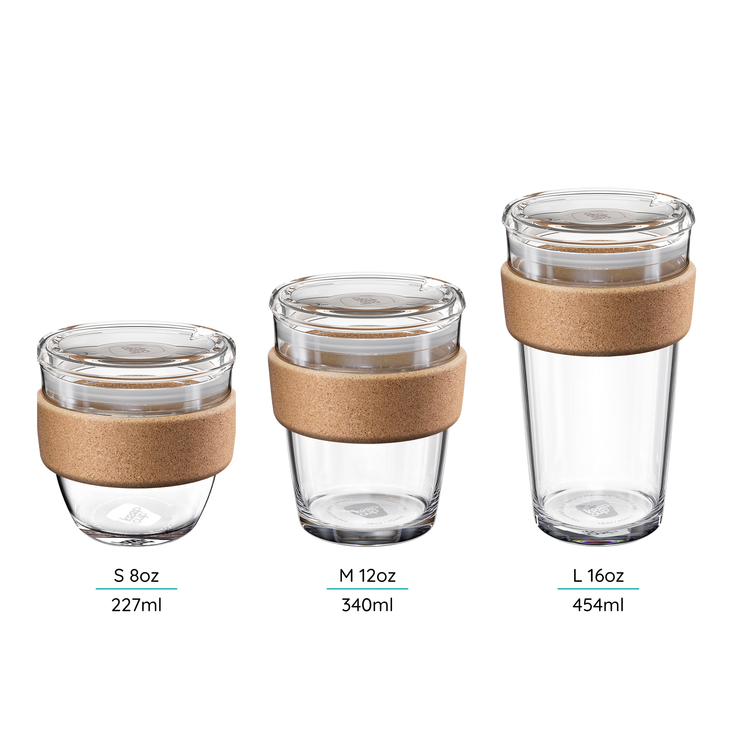 Three glass cups with cork bands of different sizes on a white background