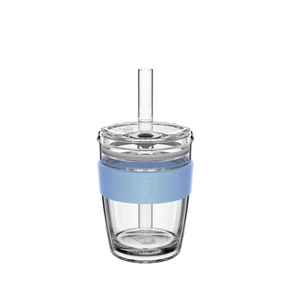 KeepCup Cold Cup Longplay Boba M 12oz in Orchid, shown from the front against a white background. The clear glass cup features a light blue silicone band, transparent lid, and reusable straw extending through the centre.