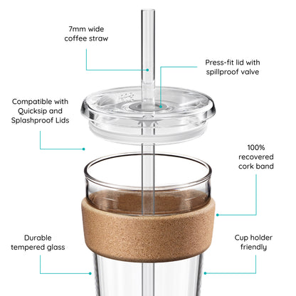 Cold Cup with cork band and Coffee Straw, labeled features on a white background