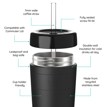 Commuter Cold Cup with features highlighted on a white background