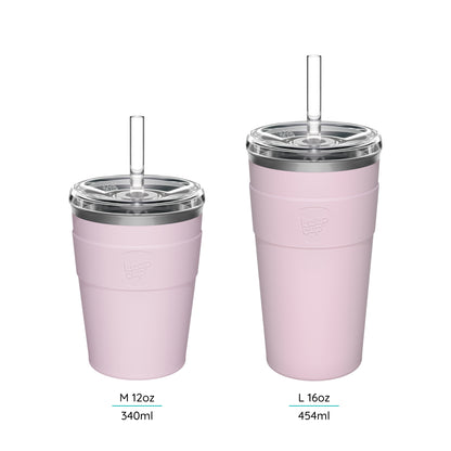 Two Cold Cup Thermal's with straws and lids on a white background displaying their sizes M 12oz and L 16oz