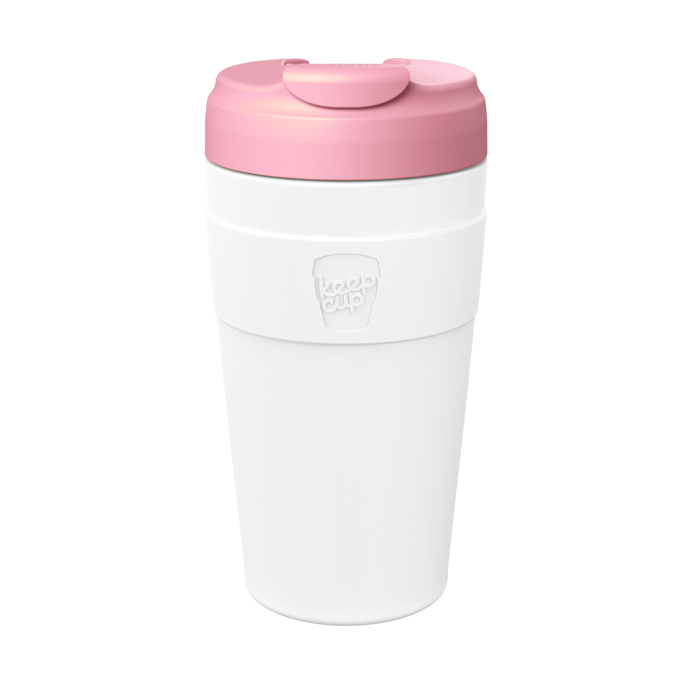 KeepCup Commuter L 16oz in White Pashmak, featuring a white reusable cup body with matching white silicone band and dusty pink lid with flip-top closure, shown against a plain white background.