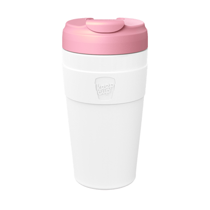 KeepCup Commuter L 16oz in White Pashmak, featuring a white reusable cup body with matching white silicone band and dusty pink lid with flip-top closure, shown against a plain white background.
