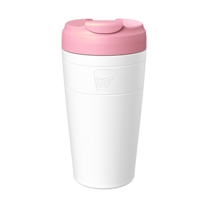 KeepCup Commuter L 16oz in White Pashmak, featuring a white cup with a peony lid, shown against a plain white background in a front-facing product shot.
