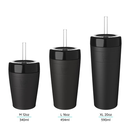 Three Commuter Cold Cups of different sizes M 12, L 16oz, XL 20 with straws on a white background