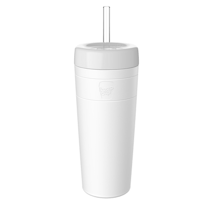 White Design Your Own Commuter Cold Cup XL 20oz shown from a front angle against a plain background, featuring the KeepCup logo embossed on the cup body, a secure lid, and a clear reusable straw.
